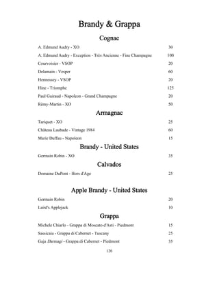 30 
100 
20 
60 
20 
125 
20 
50 
25 
60 
15 
35 
25 
20 
10 
15 
25 
35 
Brandy - United States 
Rémy-Martin - XO 
Brandy & Grappa 
Courvoisier - VSOP 
Delamain - Vesper 
Hennessey - VSOP 
Hine - Triomphe 
Cognac 
A. Edmund Audry - XO 
A. Edmund Audry - Exception - Trés Ancienne - Fine Champagne 
Paul Guiraud - Napoleon - Grand Champagne 
Tariquet - XO 
Château Laubade - Vintage 1984 
Marie Duffau - Napoleon 
Armagnac 
Germain Robin - XO 
Germain Robin 
Calvados 
120 
Domaine DuPont - Hors d'Age 
Apple Brandy - United States 
Laird's Applejack 
Grappa 
Michele Chiarlo - Grappa di Moscato d'Asti - Piedmont 
Sassicaia - Grappa di Cabernet - Tuscany 
Gaja Darmagi - Grappa di Cabernet - Piedmont 
 