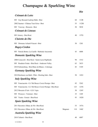 Champagne & Sparkling Wine 
Bin 
Créémant de Loire 
MV Guy Bossard Ludwig Hahn - Brut 60 112R 
2002 Saumur - Château Tour Grise - Brut 55 112M 
MV Vouvray - Breussin - Brut 50 9838 
Créémant de Limoux 
MV Aimery - Brut Rosé 40 137G 
Clairette de Die 
MV Domaine Achard-Vincent - Brut 50 126J 
Bugey-Cerdon 
MV Patrick Bottex La Cueille - Methode Ancestrale 45 6008 
Domestic Sparkling Wine 
2008 Caraccioli - Brut Rosé - Santa Lucia Highlands 90 151C 
MV Roederer Estate - Brut Rosé - Anderson Valley 65 5633 
2010 Schramsberg - Brut Blanc de Blancs - Calistoga 85 5189 
Germany Sparkling Wine 
2010 Reichsrat von Buhl - Pfalz - Riesling Sekt - Brut 50 142U 
Italy Sparkling Wine 
MV Franciacorta - Ca’ Del Bosco Cuvée Prestige - Brut 85 5262 
MV Franciacorta - Ca’ Del Bosco Cuvée Prestige - Brut Rosé 125 125X 
2012 Moscato d’Asti - G.D. Vajra 50 126Y 
MV Prosecco - Tommasi - Brut 35 126F 
MV Trento - Ferrari - Brut Rosé 95 102H 
Spain Sparkling Wine 
2011 Raventos i Blanc de Nit - Brut Rosé 55 147A 
2011 Raventos i Blanc de Nit - Brut Rosé Magnum 110 146Z 
Australia Sparkling Wine 
2010 Taltarni - Brut Rosé 40 6007 
11/12/2014 11 
 