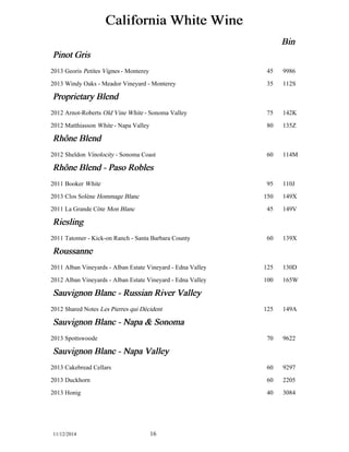California White Wine 
Bin 
Pinot Gris 
2013 Georis Petites Vignes - Monterey 45 9986 
2013 Windy Oaks - Meador Vineyard - Monterey 35 112S 
Proprietary Blend 
2012 Arnot-Roberts Old Vine White - Sonoma Valley 75 142K 
2012 Matthiasson White - Napa Valley 80 135Z 
Rhôône Blend 
2012 Sheldon Vinolocity - Sonoma Coast 60 114M 
Rhôône Blend - Paso Robles 
2011 Booker White 95 110J 
2013 Clos Solène Hommage Blanc 150 149X 
2011 La Grande Côte Mon Blanc 45 149V 
Riesling 
2011 Tatomer - Kick-on Ranch - Santa Barbara County 60 139X 
Roussanne 
2011 Alban Vineyards - Alban Estate Vineyard - Edna Valley 125 130D 
2012 Alban Vineyards - Alban Estate Vineyard - Edna Valley 100 165W 
Sauvignon Blanc - Russian River Valley 
2012 Shared Notes Les Pierres qui Décident 125 149A 
Sauvignon Blanc - Napa & Sonoma 
2013 Spottswoode 70 9622 
Sauvignon Blanc - Napa Valley 
2013 Cakebread Cellars 60 9297 
2013 Duckhorn 60 2205 
2013 Honig 40 3084 
11/12/2014 16 
 