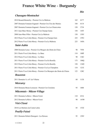 France White Wine - Burgundy 
Bin 
Chassagne-Montrachet 
2010 Bouard-Bonnefoy - Premier Cru La Maltroie 165 4177 
2007 Domaine Fontaine-Gagnard - Premier Cru Clos des Murées 160 4118 
2007 Domaine Fontaine-Gagnard - Premier Cru Les Chenevottes 150 3734 
2011 Jean-Marc Morey - Premier Cru Champs Gains 150 145F 
2008 Jean-Marc Pillot - Premier Cru La Maltroie 150 158V 
2012 Pierre-Yves Colin-Morey - Premier Cru Champs Gain 225 159U 
2012 Pierre-Yves Colin-Morey - Premier Cru La Maltroie 225 160A 
Saint-Aubin 
2008 Domaine Larue - Premier Cru Murgers des Dents de Chien 90 7594 
2011 Pierre-Yves Colin-Morey - Le Banc 110 100P 
2012 Pierre-Yves Colin-Morey - Le Banc 90 134C 
2011 Pierre-Yves Colin-Morey - Premier Cru En Remilly 175 100Q 
2012 Pierre-Yves Colin-Morey - Premier Cru En Remilly 150 134D 
2011 Pierre-Yves Colin-Morey - Premier Cru Les Champlots 110 121E 
2011 Pierre-Yves Colin-Morey - Premier Cru Meurgers des Dents de Chiens 125 120C 
Bouzeron 
2011 Domaine A. et P. de Villaine 60 113S 
Mercurey 
2010 Domaine Bruno Lorenzon - Premier Cru Croichots 95 1004 
Mââconnais - Mââcon-Village 
2011 Domaine Leflaive - Mâcon-Verzé 110 4316 
2012 Domaine Leflaive - Mâcon-Verzé 90 143W 
Viréé-Clesséé 
2010 Les Héritiers du Comte Lafon 85 153Z 
Pouilly-Fuisséé 
2011 Domaine Robert-Denogent - Les Reisses 95 150V 
11/12/2014 22 
 