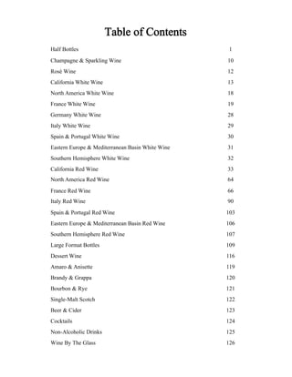 Table of Contents 
Half Bottles 1 
Champagne & Sparkling Wine 10 
Rosé Wine 12 
California White Wine 13 
North America White Wine 18 
France White Wine 19 
Germany White Wine 28 
Italy White Wine 29 
Spain & Portugal White Wine 30 
Eastern Europe & Mediterranean Basin White Wine 31 
Southern Hemisphere White Wine 32 
California Red Wine 33 
North America Red Wine 64 
France Red Wine 66 
Italy Red Wine 90 
Spain & Portugal Red Wine 103 
Eastern Europe & Mediterranean Basin Red Wine 106 
Southern Hemisphere Red Wine 107 
Large Format Bottles 109 
Dessert Wine 116 
Amaro & Anisette 119 
Brandy & Grappa 120 
Bourbon & Rye 121 
Single-Malt Scotch 122 
Beer & Cider 123 
Cocktails 124 
Non-Alcoholic Drinks 125 
Wine By The Glass 126 
 