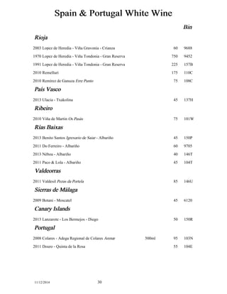 Spain & Portugal White Wine 
Bin 
Rioja 
2003 Lopez de Heredia - Viña Gravonia - Crianza 60 9688 
1970 Lopez de Heredia - Viña Tondonia - Gran Reserva 750 9452 
1991 Lopez de Heredia - Viña Tondonia - Gran Reserva 225 157B 
2010 Remelluri 175 110C 
2010 Remírez de Ganuza Erre Punto 75 108C 
Paíís Vasco 
2013 Ulacia - Txakolina 45 137H 
Ribeiro 
2010 Viña de Martin Os Pasás 75 101W 
Ríías Baixas 
2013 Benito Santos Igrexario de Saiar - Albariño 45 150P 
2011 Do Ferreiro - Albariño 60 9705 
2013 Néboa - Albariño 40 146T 
2011 Paco & Lola - Albariño 45 104T 
Valdeorras 
2011 Valdesil Pezas da Portela 85 146U 
Sierras de Máálaga 
2009 Botani - Moscatel 45 6120 
Canary Islands 
2013 Lanzarote - Los Bermejos - Diego 50 150R 
Portugal 
2008 Colares - Adega Regional de Colares Arenæ 500ml 95 103N 
2011 Douro - Quinta de la Rosa 55 104E 
11/12/2014 30 
 