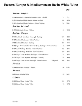 Eastern Europe & Mediterranean Basin White Wine 
Bin 
Austria - Kamptal 
2012 Bründlmayer Kamptaler Terrassen - Grüner Veltliner 55 152F 
2012 Schloss Gobelsburg - Lamm - Grüner Veltliner 150 145M 
2011 Schloss Gobelsburg - Steinsetz - Grüner Veltliner 65 9806 
Austria - Kremstal 
2013 Nigl Freiheit - Grüner Veltliner 50 152G 
Austria - Wachau 
2009 Nikolaihof - Vom Stein - Smaragd - Riesling 150 110W 
2012 Nikolaihof Hefeabzug - Grüner Veltliner 65 152H 
1995 Nikolaihof Vinothek - Riesling 375 145N 
2011 Prager -Weissenkirchen Hinter Der Burg - Federspiel - Grüner Veltliner 85 109H 
2013 Veyder-Malberg - Kreutles - Grüner Veltliner 125 163Z 
2013 Veyder-Malberg - Liebedich - Grüner Veltliner 150 164A 
2013 Weingut Knoll - Loibner - Federspiel - Grüner Veltliner 65 163U 
2012 Weingut Knoll - Loibner - Federspiel - Riesling 65 159H 
2013 Weingut Knoll - Schutt - Smaragd - Grüner Veltliner Magnum 350 163X 
Slovakia 
2011 Château Belá - Riesling - Stúrovo 40 9769 
Slovenia 
2008 Movia - Ribolla Gialla 65 9439 
Lebanon 
2001 Château Musar - Bekaa Valley 120 107G 
2004 Château Musar - Bekaa Valley 95 107H 
11/12/2014 31 
 