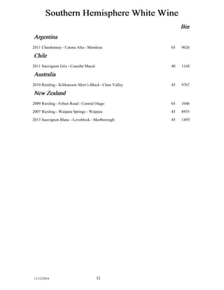 Southern Hemisphere White Wine 
Bin 
Argentina 
2011 Chardonnay - Catena Alta - Mendoza 65 9626 
Chile 
2011 Sauvignon Gris - Cousiño Macul 40 116E 
Australia 
2010 Riesling - Kilikanoon Mort’s Block - Clare Valley 45 9767 
New Zealand 
2009 Riesling - Felton Road - Central Otago 65 1046 
2007 Riesling - Waipara Springs - Waipara 45 8935 
2013 Sauvignon Blanc - Loveblock - Marlborough 45 149T 
11/12/2014 32 
 