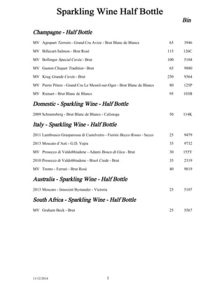 Bin 
Sparkling 
Wine 
Half 
Bottle 
Champagne 
-­ 
Half 
Bottle 
Agrapart 
Terroirs 
MV 
-­ 
Grand 
Cru 
Avize 
-­ 
Brut 
Blanc 
de 
Blancs 65 3946 
MV 
Billecart-­Salmon 
-­ 
Brut 
Rosé 115 126C 
MV 
Bollinger 
Special 
Cuvée 
-­ 
Brut 100 5104 
MV 
Gaston 
Chiquet 
Tradition 
-­ 
Brut 65 9880 
MV 
Krug 
Grande 
Cuvée 
-­ 
Brut 250 9364 
MV 
Pierre 
Péters 
-­ 
Grand 
Cru 
Le 
Mesnil-­sur-­Oger 
-­ 
Brut 
Blanc 
de 
Blancs 80 125P 
MV 
Ruinart 
-­ 
Brut 
Blanc 
de 
Blancs 95 103B 
Domestic 
-­ 
Sparkling 
Wine 
-­ 
Half 
Bottle 
2009 Schramsberg 
-­ 
Brut 
Blanc 
de 
Blancs 
-­ 
Calistoga 50 114K 
Italy 
-­ 
Sparkling 
Wine 
-­ 
Half 
Bottle 
2011 Lambrusco 
Grasparossa 
di 
Castelvetro 
-­ 
Fiorini 
Becco 
Rosso 
-­ 
Secco 25 9479 
2013 Moscato 
d’Asti 
-­ 
G.D. 
Vajra 35 9732 
MV 
Prosecco 
di 
Valdobbiadene 
-­ 
Adami 
Bosco 
di 
Gica 
-­ 
Brut 30 155Y 
2010 Prosecco 
di 
Valdobbiadene 
-­ 
Bisol 
Crede 
-­ 
Brut 35 2319 
MV 
Trento 
-­ 
Ferrari 
-­ 
Brut 
Rosé 40 9819 
Australia 
-­ 
Sparkling 
Wine 
-­ 
Half 
Bottle 
2013 Moscato 
-­ 
Innocent 
Bystander 
-­ 
Victoria 25 5107 
South 
Africa 
-­ 
Sparkling 
Wine 
-­ 
Half 
Bottle 
MV 
Graham 
Beck 
-­ 
Brut 25 5567 
11/12/2014 1 
 