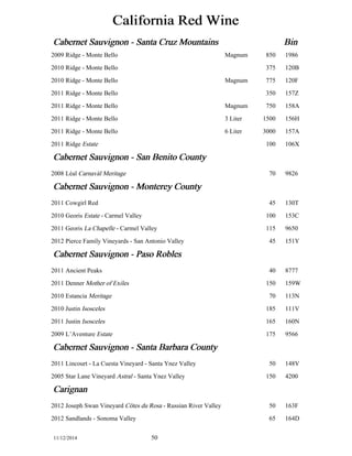 California Red Wine 
Cabernet Sauvignon - Santa Cruz Mountains Bin 
2009 Ridge - Monte Bello Magnum 850 1986 
2010 Ridge - Monte Bello 375 120B 
2010 Ridge - Monte Bello Magnum 775 120F 
2011 Ridge - Monte Bello 350 157Z 
2011 Ridge - Monte Bello Magnum 750 158A 
2011 Ridge - Monte Bello 3 Liter 1500 156H 
2011 Ridge - Monte Bello 6 Liter 3000 157A 
2011 Ridge Estate 100 106X 
Cabernet Sauvignon - San Benito County 
2008 Léal Carnavál Meritage 70 9826 
Cabernet Sauvignon - Monterey County 
2011 Cowgirl Red 45 130T 
2010 Georis Estate - Carmel Valley 100 153C 
2011 Georis La Chapelle - Carmel Valley 115 9650 
2012 Pierce Family Vineyards - San Antonio Valley 45 151Y 
Cabernet Sauvignon - Paso Robles 
2011 Ancient Peaks 40 8777 
2011 Denner Mother of Exiles 150 159W 
2010 Estancia Meritage 70 113N 
2010 Justin Isosceles 185 111V 
2011 Justin Isosceles 165 160N 
2009 L’Aventure Estate 175 9566 
Cabernet Sauvignon - Santa Barbara County 
2011 Lincourt - La Cuesta Vineyard - Santa Ynez Valley 50 148V 
2005 Star Lane Vineyard Astral - Santa Ynez Valley 150 4200 
Carignan 
2012 Joseph Swan Vineyard Côtes du Rosa - Russian River Valley 50 163F 
2012 Sandlands - Sonoma Valley 65 164D 
11/12/2014 50 
 