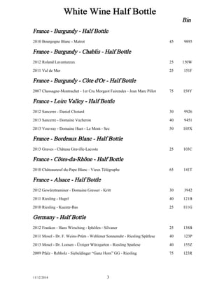 Bin 
White 
Wine 
Half 
Bottle 
France 
-­ 
Burgundy 
-­ 
Half 
Bottle 
2010 Bourgogne 
Blanc 
-­ 
Matrot 45 9895 
France 
-­ 
Burgundy 
-­ 
Chablis 
-­ 
Half 
Bottle 
2012 Roland 
Lavantureux 25 150W 
2011 Val 
de 
Mer 25 151F 
France 
-­ 
Burgundy 
-­ 
Côte 
d'Or 
-­ 
Half 
Bottle 
2007 Chassagne-­Montrachet 
-­ 
1er 
Cru 
Morgeot 
Fairendes 
-­ Jean 
Marc 
Pillot 75 158Y 
France 
-­ 
Loire 
Valley 
-­ 
Half 
Bottle 
2012 Sancerre 
-­ 
Daniel 
Chotard 30 9926 
2013 Sancerre 
-­ 
Domaine 
Vacheron 40 9451 
2013 Vouvray 
-­ 
Domaine 
Huet 
-­ 
Le 
Mont 
-­ 
Sec 50 105X 
France 
-­ 
Bordeaux 
Blanc 
-­ 
Half 
Bottle 
2013 Graves 
-­ 
Château 
Graville-­Lacoste 25 103C 
France 
-­ 
Côtes-­du-­Rhône 
-­ 
Half 
Bottle 
2010 Châteauneuf-­du-­Pape 
Blanc 
-­ 
Vieux 
Télégraphe 65 141T 
France 
-­ 
Alsace 
-­ 
Half 
Bottle 
2012 Gewürztraminer 
-­ 
Domaine 
Gresser 
-­ 
Kritt 30 3942 
2011 Riesling 
-­ 
Hugel 40 121B 
2010 Riesling 
-­ 
Kuentz-­Bas 25 111G 
Germany 
-­ 
Half 
Bottle 
2012 Franken 
-­ 
Hans 
Wirsching 
-­ 
Iphöfen 
-­ 
Silvaner 25 138B 
2011 Mosel 
-­ 
Dr. 
F. 
Weins-­Prüm 
-­ 
Wehlener 
Sonnenuhr 
-­ 
Riesling 
Spätlese 40 123P 
2013 Mosel 
-­ 
Dr. 
Loosen 
-­ 
Ürziger 
Würzgarten 
-­ 
Riesling 
Spatlese 40 155Z 
2009 Pfalz 
-­ 
Rebholz 
-­ 
Siebeldinger 
“Ganz 
Horn” 
GG 
-­ 
Riesling 75 123R 
11/12/2014 3 
 
