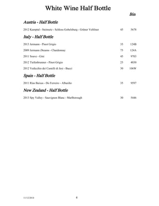 Bin 
White 
Wine 
Half 
Bottle 
Austria 
-­ 
Half 
Bottle 
Kamptal 
2012 
-­ 
Steinsetz 
-­ 
Schloss 
Gobelsburg 
-­ 
Grüner 
Veltliner 45 5678 
Italy 
-­ 
Half 
Bottle 
2013 Jermann 
-­ 
Pinot 
Grigio 35 124B 
2009 Jermann 
Dreams 
-­ 
Chardonnay 75 124A 
2011 Soave 
-­ 
Gini 45 9703 
2012 Tiefenbrunner 
-­ 
Pinot 
Grigio 25 4030 
2012 Vedicchio 
dei 
Castelli 
di 
Jesi 
-­ 
Bucci 30 106W 
Spain 
-­ 
Half 
Bottle 
2011 Rías 
Baixas 
-­ 
Do 
Ferreiro 
-­ 
Albariño 35 9597 
New 
Zealand 
-­ 
Half 
Bottle 
2013 Spy 
Valley 
-­ 
Sauvignon 
Blanc 
-­ 
Marlborough 30 5446 
11/12/2014 4 
 