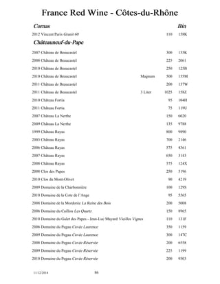 France Red Wine - Côôtes-du-Rhôône 
Cornas Bin 
2012 Vincent Paris Granit 60 110 158K 
Chââteauneuf-du-Pape 
2007 Château de Beaucastel 300 155K 
2008 Château de Beaucastel 225 2061 
2010 Château de Beaucastel 250 125B 
2010 Château de Beaucastel Magnum 500 155M 
2011 Château de Beaucastel 200 137W 
2011 Château de Beaucastel 3 Liter 1025 158Z 
2010 Château Fortia 95 104H 
2011 Château Fortia 75 119U 
2007 Château La Nerthe 150 6020 
2009 Château La Nerthe 135 9788 
1999 Château Rayas 800 9890 
2003 Château Rayas 700 2146 
2006 Château Rayas 575 4361 
2007 Château Rayas 650 3143 
2008 Château Rayas 575 124X 
2008 Clos des Papes 250 5196 
2010 Clos du Mont-Olivet 90 4219 
2009 Domaine de la Charbonniére 100 129S 
2010 Domaine de la Cote de l’Ange 95 5565 
2008 Domaine de la Mordorée La Reine des Bois 200 5008 
2006 Domaine du Caillou Les Quartz 150 8965 
2010 Domaine du Galet des Papes - Jean-Luc Mayard Vieilles Vignes 110 131F 
2006 Domaine du Pegau Cuvée Laurence 350 1159 
2009 Domaine du Pegau Cuvée Laurence 300 147C 
2008 Domaine du Pegau Cuvée Réservée 200 6558 
2009 Domaine du Pegau Cuvée Réservée 225 1199 
2010 Domaine du Pegau Cuvée Réservée 200 9503 
11/12/2014 86 
 
