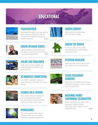 9
PRESENTED WITH THE U.S.
STATE DEPARTMENT & UNT
INNOVATION GREENHOUSE
EDUCATIONAL
FISHACKATHON
Registered students will use coding
and computer science to devise
solutions to problems facing the
world’s fisheries.
SCIENCE ON A SPHERE
This state-of-the-art spherical
device designed by NOAA
scientists allows you to see the
Earth as if from outer space.
SOLAR CAR CHALLENGE
High school teams display the
solar-powered cars they built
from scratch.
GREEN LIBRARY
Check out new and classic
environmental reads.
GREEN SPEAKER SERIES
Expert speakers and panels will
talk about everything from electric
cars to bee pollination.
OMNIGLOBES
The ever-popular OmniGlobe
displays allow you to control
advanced weather simulations.
HSROBOTICSCOMPETITION
The FIRST and BEST robotics
teams will show off their recycling
robots.
GREEN TOY BOOTH
Find toys that are eco-safe,
eco-educational, and endless
amounts of fun!
TEXAS DISCOVERY
GARDENS
Play with butterflies at the Texas
Discovery Gardens, which will be
open during EDTx!
NATIONAL PARKS
CENTENNIAL CELEBRATION
Come celebrate the parks with
real park rangers, family
activities, and outdoor fun all
weekend long.
PETITION PAVILION
Ready to take action on an issue
that affects our environment?
P. 44
P. 18
P. 46
 