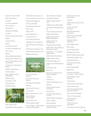 51
Bruckner Volvo / Mack
BYD Coach & Bus
Carvana
Cummins Westport
D2L Products
Elio Motors
Enterprise Holdings
EV Tech
Fenton Hyundai-Mitsubishi
GEICO
General Motors
GOe3
Go Green Couriers
Go Green Smokeless Oil
Hino Trucks
Idle Air
National Biodiesel Board
Nissan North America, Inc.
North Texas Electric Auto
Association
North Texas Tesla Owner’s
Group
Premier Truck Group
Proterra Buses
Rusty Wallis Honda /
Volkswagen
Sewell Subaru
Southwest / KIA
Trophy Nissan
World Sky Race
CHILDREN &
FAMILY
20th Century Fox
Annabelle’s Petting Zoofari
Arborilogical Services, Inc.
Crow Collection of Asian Art
Dallas Child Magazine
First Tee of Dallas
Great Seed Bomb, The
Green Toys
KERA / KXT
Lego Systems, Inc.
Lotus Shop, The
Our Great Earth Book
Takeaway Tee Foundation
Tree Climbers International,
TCI
Walt Disney Company, The
Wild Animal Sanctuary, The
Wilderness Inquiry
DEVELOPMENT &
URBANISM
African American
Museum	
American Chemistry
Council	
Architecture Demarest	
Associa	
Austin Turf & Tractor
Axium Solar	
Baja Construction Co. Inc.	
Balfour Beatty
Construction	
Beck Group, The	
CEC Facilities Group	
City of Dallas – Urban Forest
Advisory Committee	
City of Sulphur Springs	
Cityplace Company	
Clean Energy Systems,
LLC	
Coalition for a New Dallas	
Corn Board Manufacturing
Inc.	
Crow Holdings Industrial	
Dallas 2030 District	
Dallas Arboretum &
Botanical Garden	
Dallas Center For
Architecture	
Dallas Festival of Ideas	
Dallas ISD – Environmental
Education Center	
Dallas ISD – L.G. Pinkston
High School	
Dallas Parks Foundation	
Dallas Public Library	
Downtown Dallas, Inc.	
Eagle Air and Refrigeration
LLC.	
Earth Tech USA	
Easy Turf	
Electric Distribution and
Design Systems	
Fischer	
Forest City	
Frazier Revitalization, Inc.	
Gensler	
Good Fulton & Farrell
Architects	
Go Solar Go	
Greater Dallas Planning
Council
Green Hotels Association	
Hilton Anatole	
HKS Architects	
Home Solutions Center –
Freedom Farms
Hotel Association of
North Texas	
Interface	
Jubilee Park & Community
Center	
Lincoln Property
Company	
National Apartment
Association	
North Texas Renewable
Energy Group	
Oglesby Greene
Architects	
Omni Dallas Hotel	
REC Group	
Recycle Revolution	
Reimagine Fair Park	
Ritoch-Powell & Associates
Ritz-Carlton Dallas, The	
Schneider Electric	
Shraman South Asian
Museum	
Smart Energy 360	
SolarPV.TV	
Southern Methodist
University – Hunt Institute	
Sustainable Turnkey
Solutions	
TDIndustries	
Texas Discovery Gardens	
Texas Energy ABC	
Texas Renewable Energy
Industries Alliance	
Texas Trees Foundation	
Thanks-Giving Square	
Trammell Crow
Residential	
Trinity Commons
Foundation	
Trinity River Vision Authority
 