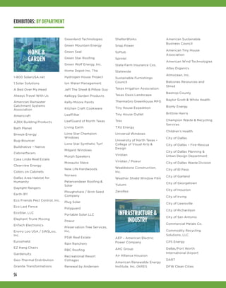56
HOME &
GARDEN
1-800 SolarUSA.net
1 Solar Solutions
A Bed Over My Head
Always Travel With Us
American Rainwater
Catchment Systems
Association
Americraft
AZEK Building Products
Bath Planet
Breeze Energy
Bug-Bouncer
Buildnative – Native
Cabinetfacers
Casa Linda Real Estate
Clearview Energy
Colors on Cabinets
Dallas Area Habitat for
Humanity
Daylight Rangers
Earth 911
Eco Friends Pest Control, Inc.
Eco Last Fence
EcoStar, LLC
Elephant Trunk Moving
EnTech Electronics
Enviro Loo USA / SWSLoo,
Inc.
Euroshield
EZ Hang Chairs
Gardenuity
Geo-Thermal Distribution
Granite Transformations
Greenland Technologies
Green Mountain Energy
Green Seal
Green Star Roofing
Green Wolf Energy, Inc.
Home Depot Inc, The
Hydrogen House Project
Ion Water Management
Jeff The Sheet & Pillow Guy
Kellogg Garden Products
Kelly-Moore Paints
Kitchen Craft Cookware
LeafFilter
LeafGuard of North Texas
Living Earth
Lone Star Champion
Windows
Lone Star Synthetic Turf
Milgard Windows
Morph Speakers
Mosquito Steve
New Life Hardwoods
Norwex
Petersendean Roofing &
Solar
Ploughshare / Brim Seed
Company
Plug Solar
Polyguard
Portable Solar LLC
Powur
Preservation Tree Services,
Inc.
PSW Real Estate
Rain Ranchers
RBC Roofing
Recreational Resort
Cottages
Renewal by Andersen
ShelterWorks
Snap Power
Softub
Sprinkl
State Farm Insurance Cos.
Statewide
Sustainable Furnishings
Council
Texas Irrigation Association
Texas Oasis Landscape
ThermaGro Greenhouse MFG
Tiny House Expedition
Tiny House Outlet
Trex
TXU Energy
Universal Windows
University of North Texas –
College of Visual Arts &
Design
Viridian
Viridian / Powur
Wealdstone Construction,
Inc.
Weather Shield Window Film
Yutumi
ZeroRez
INFRASTRUCTURE &
INDUSTRY
AEP – American Electric
Power Company
AHC Group
Air Alliance Houston
American Renewable Energy
Institute, Inc. (AREI)
American Sustainable
Business Council
American Tiny House
Association
American Wind Technologies
Atlas Organics
Atmocean, Inc.
Balcones Resources and
Shred
Bastrop County
Baylor Scott & White Health
BioHy Energy
Brittnie Harris
Champion Waste & Recycling
Services
Children’s Health
City of Dallas
City of Dallas – Fire-Rescue
City of Dallas Planning &
Urban Design Department
City of Dallas Waste Division
City of El Paso
City of Garland
City of Georgetown
City of Houston
City of Irving
City of Lewisville
City of Richardson
City of San Antonio
Commercial Metals Co.
Commodity Recycling
Solutions, LLC
CPS Energy
Dallas/Fort Worth
International Airport
DART
DFW Clean Cities
EXHIBITORS: BY DEPARTMENT
 