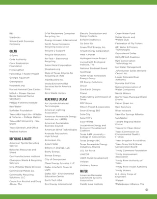 61
REI
Starbucks
Whole Earth Provision
Company
OCEAN
5 Gyres
Code Authority
Coral Restoration
Foundation
Fishackathon
Force Blue / Raider Project
Georgia Aquarium
Greenpeace
Harpseals.org
Marine Mammal Care Center
NOAA – Flower Garden
Banks National Marine
Sanctuary
Pelagic Fisheries Institute
Reef Relief
Surfrider Foundation
Texas A&M AgriLife – Wildlife
& Fisheries – College Station
Texas A&M University – Sea
Grant
Texas General Land Office
Washed Ashore
RECYCLING & WASTE
American Textile Recycling
Service
Balcones Resources and
Shred
Can Manufacturers Institute
Champion Waste & Recycling
Services
City of Dallas Waste Division
Commercial Metals Co.
Commodity Recycling
Solutions, LLC
Council on Alcohol and Drug
Abuse, The
DFW Reclaimers Computer
Recycling, Inc.
Energy Answers International
North Texas Corporate
Recycling Association
Recycle 2 Support
Recycle Revolution
Re-Teck – Electronics
Recycling
Sabin Metal Corporation
Shoebank.org
State of Texas Alliance for
Recycling (STAR)
TrashBusters Inc.
Veolia Environmental
Services North America
Corp.
Zero Waste Heroes
RENEWABLE ENERGY
Air Liquide Advanced
Technologies
American Lighting
Association
American Renewable Energy
Institute, Inc. (AREI)
American Sustainable
Business Council
American Wind Technologies
Andrada Polytechnic
High School
Atmocean, Inc.
Axium Solar
Billions in Change, LLC
BioHy Energy
Breeze Energy
City of Georgetown
Clean Energy Systems, LLC
Dallas Interfaith Power &
Light
Dallas ISD – Environmental
Education Center
Earth Tech USA
Eco Energy International
Electric Distribution and
Design Systems
EnTech Electronics
Go Solar Go
Green Wolf Energy, Inc.
H/Cell Energy Corporation
Heat is Power
Hydrogen House Project
Living Earth Ecological
Institute, The
National Biodiesel Board
NorthStar
North Texas Renewable
Energy Group
O3 Energy Solutions
Oncor
One Earth Designs
Powur
Public Utility Commission of
Texas
REC Group
Ritoch-Powell & Associates
Smart Energy 360
SolarCity
SolarPV.TV
Solar World
Sustainable Energy and
Economic Development
Coalition
Texas A&M University –
College of Geosciences
Texas Energy ABC
Texas Renewable Energy
Industries Alliance
U.S. Air Force
UNICOR
USDA Rural Development
Viridian
Viridian / Powur
WATER
American Rainwater
Catchment Systems
Association
Caddo Lake Institute
Clean Water Fund
Dallas Woods and
Waters Club
Federation of Fly Fishers
GE: Water & Process
Technologies
Groundwork Dallas
H2O4TEXAS Coalition
H2O Conservation
Technology Inc
Ion Water Management
John Bunker Sands Wetland
Center, Inc.
Lower Colorado River
Authority
Maridoe Golf Club
National Association of
Water Companies
Nestlé Waters
North Texas Municipal Water
District
Pecan Street Inc.
Rain Ranchers
River Network
Save Our Springs Alliance
Sun2Water
Tarrant Regional Water
District
Texans for Clean Water
Texas Commission on
Environmental Quality
(TCEQ)
Texas Irrigation Association
Texas State Soil & Water
Conservation Board
Trinity Commons Foundation
Trinity Improvement
Association
Trinity River Authority of
Texas
Trinity River Vision Authority
Trinity Waters
U.S. Army Corps of
Engineers
Water4
Waterkeeper Alliance, The
 