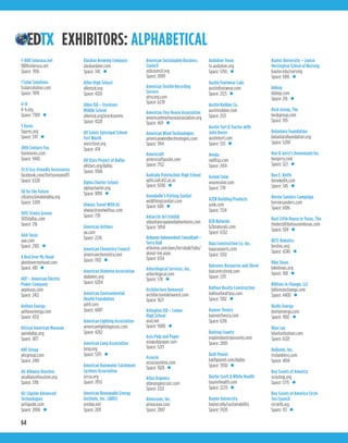64
EXHIBITORS: ALPHABETICAL
1-800 Solarusa.net
1800solarusa.net
Space: 7016
1 Solar Solutions
1solarsolution.com
Space: 7019
4-H
4-h.org
Space: 7309 •
5 Gyres
5gyres.org
Space: 5111 •
20th Century Fox
foxmovies.com
Space: 9402
31:13 Eco-friendly Accessories
facebook.com/thirtyoneand13
Space: 6328
50 for the Future
citizensclimatelobby.org
Space: 5309
3015 Trinity Groves
3015dallas.com
Space: 216
AAA Texas
aaa.com
Space: 2102 •
A Bed Over My Head
abedovermyhead.com
Space: 481 •
AEP – American Electric
Power Company
aeptexas.com
Space: 2412
Aethon Energy
aethonenergy.com
Space: 4312
African American Museum
aamdallas.org
Space: 1817
AHC Group
ahcgroup.com
Space: 2410
Air Alliance Houston
airalliancehouston.org
Space: 3118
Air Liquide Advanced
Technologies
airliquide.com
Space: 2006 •
Alaskan Brewing Company
alaskanbeer.com
Space: 345 •
Allen High School
allenisd.org
Space: 4326
Allen ISD – Ereckson
Middle School
allenisd.org/erecksonms
Space: 4328
All Saints Episcopal School
Fort Worth
aseschool.org
Space: 474
All Stars Project of Dallas
allstars.org/dallas
Space: 9306
Alpha Charter School
alphacharter.org
Space: 9010 •
Always Travel With Us
alwaystravelwithus.com
Space: 739
American Airlines
aa.com
Space: 2218
American Chemistry Council
americanchemistry.com
Space: 1102 •
American Diabetes Association
diabetes.org
Space: 6204
American Environmental
Health Foundation
aehf.com
Space: 6007
American Lighting Association
americanlightingassoc.com
Space: 4202
American Lung Association
lung.org
Space: 5315 •
American Rainwater Catchment
Systems Association
arcsa.org
Space: 7053
American Renewable Energy
Institute, Inc. (AREI)
areday.net
Space: 2011
American Sustainable Business
Council
asbcouncil.org
Space: 2009
American Textile Recycling
Service
atrscorp.com
Space: 6239
American Tiny House Association
americantinyhouseassociation.org
Space: 469 •
American Wind Technologies
americanwindtechnologies.com
Space: 1914
Americraft
americraftaustin.com
Space: 7152
Andrada Polytechnic High School
aphs.vail.k12.az.us
Space: 9200 •
Annabelle’s Petting Zoofari
wildthingszoofari.com
Space: 600 •
Antarctic Art Exhibit
sebastiancopelandadventures.com
Space: 5050
ArbonneIndependentConsultant–
Terry Ball
arbonne.com/pws/terryball/tabs/
about-me.aspx
Space: 6134
Arborilogical Services, Inc.
arborilogical.com
Space: 578 •
Architecture Demarest
architecturedemarest.com
Space: 1621
Arlington ISD – Lamar
High School
aisd.net
Space: 9006 •
Asia Pulp and Paper
asiapulppaper.com
Space: 5213
Associa
associaonline.com
Space: 1028 •
Atlas Organics
atlasorganicsinc.com
Space: 2212
Atmocean, Inc.
atmocean.com
Space: 2007
Audubon Texas
tx.audubon.org
Space: 5705 •
Austin Footwear Labs
austinfootwear.com
Space: 2123 •
Austin Rubber Co.
austinrubber.com
Space: 2121
Austin Turf & Tractor with
John Deere
austinturf.com
Space: 533 •
Aveda
neilltsp.com
Space: 2414
Axium Solar
axiumsolar.com
Space: 770
AZEK Building Products
azek.com
Space: 7124
B2B Naturals
b2bnaturals.com
Space: 6332
Baja Construction Co. Inc.
bajacarports.com
Space: 1202
Balcones Resources and Shred
balconesshred.com
Space: 2311
Balfour Beatty Construction
balfourbeattyus.com
Space: 1302 •
Banner Theory
bannertheory.com
Space: 6316
Bastrop County
explorebastropcounty.com
Space: 2005
Bath Planet
bathplanet.com/dallas
Space: 7030 •
Baylor Scott & White Health
baylorhealth.com
Space: 2229 •
Baylor University
baylor.edu/sustainability
Space: 5920
Baylor University – Louise
Herrington School of Nursing
baylor.edu/nursing
Space: 5916 •
bbbop
bbbop.com
Space: 216 •
Beck Group, The
beckgroup.com
Space: 1115
Belantara Foundation
belantarafoundation.org
Space: 5204
Ben & Jerry’s Homemade Inc.
benjerry.com
Space: 322 •
Ben E. Keith
benekeith.com
Space: 345 •
Bernie Sanders Campaign
berniesanders.com
Space: 6106
Best Little House in Texas, The
thebestlittlehouseintexas.com
Space: 509 •
BEST Robotics
bestinc.org
Space: 4240 •
Bike Texas
biketexas.org
Space: 100 •
Billions in Change, LLC
billionsinchange.com
Space: 4400 •
BioHy Energy
biohyenergy.com
Space: 1902 •
Blue Lux
blueluxfashion.com
Space: 6128
Bollente, Inc.
trutankless.com
Space: 4104
Boy Scouts of America
scouting.org
Space: 5715 •
Boy Scouts of America Circle
Ten Council
circle10.org
Space: 113 •
 
