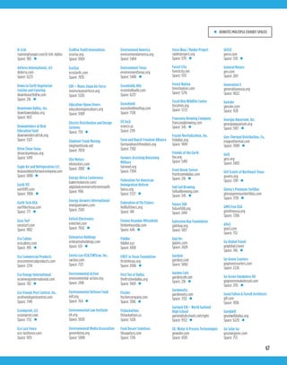 67
D-Lish
roaminghunger.com/d-lish-dallas
Space: 903 •
doTerra International, LLC
doterra.com
Space: 6223
Down to Earth Vegetarian
Cuisine and Catering
downtoearthdfw.com
Space: 216 •
Downtown Dallas, Inc.
downtowndallas.org
Space: 1613
Downwinders at Risk
Education Fund
downwindersatrisk.org
Space: 5321
Drive Clean Texas
drivecleantexas.org
Space: 5419
Eagle Air and Refrigeration LLC.
texasoutdoorfurnacecompany.com
Space: 1008 •
Earth 911
earth911.com
Space: 7006 •
Earth Tech USA
earthtechusa.com
Space: 771 •
Easy Turf
easyturf.com
Space: 1802
Eco Cabins
ecocabins.com
Space: 495 •
Eco Commercial Products
ecocommercialproducts.com
Space: 2214
Eco Energy International
ecoenergyinternational.com
Space: 742 •
Eco Friends Pest Control, Inc.
ecofriendspestcontrol.com
Space: 7149
Ecoimprint, LLC
ecoimprint.com
Space: 1712 •
Eco Last Fence
eco-lastfence.com
Space: 1013
EcoRise Youth Innovations
ecorise.org
Space: 9304
EcoStar
ecostarllc.com
Space: 7035
EDF – Moms Clean Air Force
momscleanairforce.org
Space: 5320
Education Opens Doors
educationopensdoors.org
Space: 9309
Electric Distribution and Design
Systems
Space: 759 •
Elephant Trunk Moving
elephanttrunk.net
Space: 7050
Elio Motors
eliomotors.com
Space: 2002 •
Energy Africa Conference
bakermckenzie.com/
alglobalcommerceforummay16
Space: 1916
Energy Answers International
energyanswers.com
Space: 2503
EnTech Electronics
entechel.com
Space: 7042 •
Enterprise Holdings
enterpriseholdings.com
Space: 631 •
Enviro Loo USA/SWSLoo, Inc.
swsloo.com
Space: 7121
Environmental Action
environmental-action.org
Space: 2418
Environmental Defense Fund
edf.org
Space: 764 •
Environmental Law Institute
eli.org
Space: 5020
Environmental Media Association
green4ema.org
Space: 5000
Environment America
environmentamerica.org
Space: 5404
Environment Texas
environmenttexas.org
Space: 5406 •
Essentially Ally
essentiallyally.com
Space: 6237
Euroshield
euroshieldroofing.com
Space: 7128
EV Tech
evtech.us
Space: 2119
Farm and Ranch Freedom Alliance
farmandranchfreedom.org
Space: 7302
Farmers Assisting Returning
Military
farmvet.org
Space: 7304
Federation for American
Immigration Reform
fairus.org
Space: 5727 •
Federation of Fly Fishers
fedflyfishers.org
Space: 149
Fenton Hyundai-Mitsubishi
fentonhyundai.com
Space: 646 •
Fiddler
fiddler.xyz
Space: 4100
FIRST in Texas Foundation
firstintexas.org
Space: 4306 •
First Tee of Dallas
thefirstteedallas.org
Space: 9401 •
Fischer
fischercompany.com
Space: 1306 •
Fishackathon
fishackathon.co
Space: 5120
Food Desert Solutions
fdsupplyco.com
Space: 7216
Force Blue / Raider Project
raiderproject.org
Space: 5115 •
Forest City
forestcity.net
Space: 1312
Forest Nation
forestnation.com
Space: 5216
Fossil Rim Wildlife Center
fossilrim.org
Space: 5723
Franconia Brewing Company
franconiabrewing.com
Space: 345 •
Frazier Revitalization, Inc.
fridallas.org
Space: 1404
Friends of the Earth
foe.org
Space: 5410
Front Room Tavern
frontroomdallas.com
Space: 216 •
Full Sail Brewing
fullsailbrewing.com
Space: 345 •
Future 500
future500.org
Space: 2414
Galveston Bay Foundation
galvbay.org
Space: 5817
Gap Inc.
gapinc.com
Space: 2420
Gardein
gardein.com
Space: 5002
Garden Cafe
gardencafe.net
Space: 216 •
Gardenuity
gardenuity.com
Space: 7132 •
Garland ISD – North Garland
High School
garlandisdschools.net/nghs
Space: 9132 •
GE: Water & Process Technologies
gewater.com
Space: 4310
GEICO
geico.com
Space: 559 •
General Motors
gm.com
Space: 2611
Generation E
generationeusa.org
Space: 9022
Gensler
gensler.com
Space: 1128
Georgia Aquarium, Inc.
georgiaaquarium.org
Space: 5107 •
Geo-Thermal Distribution, Co.
mygeothermal.com
Space: 7009 •
GeSI
gesi.org
Space: 2403
Girl Scouts of Northeast Texas
gsnetx.org
Space: 1701 •
Gloria’s Premium Tortillas
gloriaspremiumtortillas.com
Space: 7139 •
GMO Free USA
gmofreeusa.org
Space: 7206
GOe3
goe3.com
Space: 752
Go Global Travel
goglobal.travel
Space: 746 •
Go Green Couriers
gogreencouriers.com
Space: 2226
Go Green Smokeless Oil
gogreensmokelessoil.com
Space: 2115 •
Good Fulton & Farrell Architects
gff.com
Space: 1038
Goodwill
goodwilldallas.org
Space: 6229 •
Go Solar Go
gosolargoinc.com
Space: 753
• DENOTES MULTIPLE EXHIBIT SPACES
 