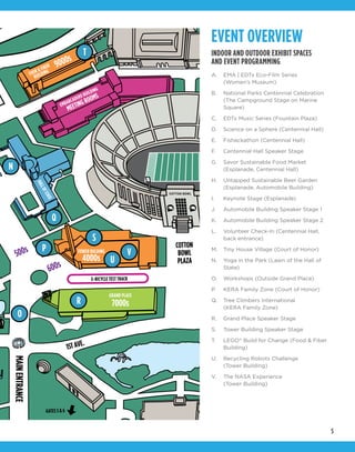 5
EVENT OVERVIEW
INDOOR AND OUTDOOR EXHIBIT SPACES
AND EVENT PROGRAMMING
A.	 EMA | EDTx Eco-Film Series
(Women’s Museum)
B.	 National Parks Centennial Celebration
(The Campground Stage on Marine
Square)
C.	 EDTx Music Series (Fountain Plaza)
D.	 Science on a Sphere (Centennial Hall)
E.	 Fishackathon (Centennial Hall)
F.	 Centennial Hall Speaker Stage
G.	 Savor Sustainable Food Market
(Esplanade, Centennial Hall)
H.	 Untapped Sustainable Beer Garden
(Esplanade, Automobile Building)
I.	 Keynote Stage (Esplanade)
J.	 Automobile Building Speaker Stage 1
K.	 Automobile Building Speaker Stage 2
L.	 Volunteer Check-In (Centennial Hall,
back entrance)
M.	 Tiny House Village (Court of Honor)
N.	 Yoga in the Park (Lawn of the Hall of
State)
O.	 Workshops (Outside Grand Place)
P.	 KERA Family Zone (Court of Honor)
Q.	 Tree Climbers International
(KERA Family Zone)
R.	 Grand Place Speaker Stage
S.	 Tower Building Speaker Stage
T.	 LEGO®
Build for Change (Food & Fiber
Building)
U.	 Recycling Robots Challenge
(Tower Building)
V.	 The NASA Experience
(Tower Building)
M.L.KINGBLVD.
M.L.KINGBLVD.
M.L.KINGBLVD.
1ST AVE.
MAINENTRANCE
COTTON
BOWL
PLAZA
NIMITZDR.
N
P
Q
R
S
U
T
O
9000s
4000s
MEETINGROOMS
7000s
600s
500s V
E-BICYCLE TEST TRACK
FOOR & FIBER
BUILDING
TOWER BULDING
HALLOFSTATE
GATES 5 & 6
GRAND PLACE
EMBARCADERO BUILDING
 
