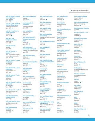 75
Texas A&M Agrilife – Extension
Service-Agriculture
dallas.tamu.edu
Space: 7312 •
Texas A&M AgriLife – Wildlife &
Fisheries – College Station
agrilifeextension.tamu.edu
Space: 6027 •
Texas A&M – Texas Center for
Applied Technology
tcat.tamu.edu
Space: 773 •
Texas A&M – Texas
Transportation Institute
looklearnlive.org
Space: 2210
Texas A&M University
tamu.edu
Space: 5923
Texas A&M University at
Commerce
tamuc.edu/academics/colleges/
scienceengineeringagriculture
Space: 5922 •
Texas A&M University – College
of Architecture
arch.tamu.edu
Space: 6023
Texas A&M University – College
of Geosciences
geosciences.tamu.edu
Space: 6020
Texas A&M University – Health
Science Center
tamhsc.edu
Space: 6025
Texas A&M University – School of
Public Health
sph.tamhsc.edu
Space: 5925 •
Texas A&M University – Sea Grant
texas-sea-grant.tamu.edu
Space: 6022
Texas Alliance for Heritage
Resource Protection
Space: 5522
Texas Apiary Inspection Service
txbeeinspection.tamu.edu
Space: 7215
Texas Asphalt Pavement
Association
texasasphalt.org
Space: 2208
Texas Association of Business
txbiz.org
Space: 3311 •
Texas Campaign for the
Environment
texasenvironment.org
Space: 5016
Texas Central Railway
texascentral.com
Space: 2202
Texas Christian University –
Institute for Environmental
Studies
ensc.tcu.edu
Space: 6009 •
Texas Commission on
Environmental Quality (TCEQ)
tceq.texas.gov/waterquality/tmdl
Space: 5520
Texas Conservation Alliance
tcatexas.org
Space: 5123 •
Texas Department of Agriculture
gotexan.org
Space: 7245 •
Texas Department of
Transportation
txdot.gov
Space: 5415 •
Texas Discovery Gardens
texasdiscoverygardens.org
Space: 1706
Texas Energy ABC
texasenergyabc.com
Space: 1804
Texas Farm Bureau
txfb-ins.com
Space: 7221 •
Texas General Land Office
glo.texas.gov
Space: 3309
Texas Historic Tree Coalition
dallastrees.org
Space: 5219 •
Texas Honey Bee Guild
txbeeguild.org
Space: 7211
Texas Irrigation Association
txia.org
Space: 7000 •
Texas Land Conservancy
texaslandconservancy.org
Space: 5823
Texas Land Trust Council
texaslandtrustcouncil.org
Space: 5825
Texas Military Department:
Army/Air Guard
tmd.texas.gov/txarng-recruitment
Space: 1807
Texas Muslim Democratic Caucus
mdctx.org
Space: 6108
Texas Muslim Women’s
Foundation
tmwf.org
Space: 9315
Texas Oasis Landscape
texasoasis.net
Space: 7017
Texas Organic Farmers and
Gardeners Association (TOFGA),
The
tofga.org
Space: 7209 •
Texas Parcel, Inc.
texasparcel.net
Space: 7339
Texas Parks and Wildlife
Foundation
tpwf.org
Space: 458 •
Texas Renewable Energy
Industries Alliance
treia.org
Space: 1806
Texas State Soil & Water
Conservation Board
tsswcb.texas.gov
Space: 7332
Texas State Technical College
tstc.edu
Space: 5908 •
Texas Tech University – College
of Arts & Sciences
depts.ttu.edu/artsandsciences
Space: 442 •
Texas Toffee Queen, LLC
texastoffeequeen.com
Space: 7242
Texas Trees Foundation
texastrees.org
Space: 1705 •
Texas Veggie Fair
texasveggiefair.com
Space: 239
Texas Wine and Grape Growers
Association
txwines.org
Space: 7249
Thanks-Giving Square
thanksgiving.org
Space: 1815
ThermaGro Greenhouse MFG
thermagro.com
Space: 740
Thomas Kinkade Company /
Earth Art Foundation
thomaskinkade.com
Space: 3003 •
Thunderbird Food Bars
thunderbirdbar.com
Space: 7358
Tibetan Monks
Space: 1007
Tiny House Expedition
tinyhouseexpedition.com
Space: 511 •
Tiny House Outlet
tinyhousedirect.com
Space: 444 •
Trammell Crow Residential
tcr.com
Space: 1120 •
TrashBusters Inc.
trashbustersdfw.com
Space: 1020
Tree Climbers International, TCI
treeclimbing.com
Space: 570 •
Trex
trex.com
Space: 7142
Tribal
livetribal.com
Space: 7251 •
Trinity Commons Foundation
trinityriverdallas.org
Space: 1713 •
Trinity Environmental Academy
dallasgreenlearning.org
Space: 9000 •
Trinity Improvement Association
Space: 1805
Trinity River Authority of Texas
trinityra.org
Space: 1816 •
Trinity River Vision Authority
trinityrivervision.org
Space: 3102
Trinity Strand Trail
trinitystrand.org
Space: 1619
Trinity Waters
trinitywaters.org
Space: 1711
Trophy Nissan
trophynissan.com
Space: 637 •
Trust for Public Land, The
tpl.org
Space: 101 •
Turn Texas Green
turntexasgreen.wordpress.com
Space: 5323
Turtle Creek Association
turtlecreekassociation.org
Space: 1722
TXU Energy
txu.com
Space: 7046 •
Uinta Brewing
uintabrewing.com
Space: 345 •
Ultra Balm Skin Care
ultrabalm.net
Space: 6328
UNICEF
unicefusa.org
Space: 6002
UNICOR
unicor.gov
Space: 2312, 6135 •
United Negro College Fund
uncf.org
Space: 5917
• DENOTES MULTIPLE EXHIBIT SPACES
 