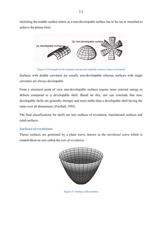 2-2
stretching the middle surface where as a non-developable surface has to be cut or stretched to
achieve the planar form.
Figure 2-2 Examples of developable and non-developable surfaces (Source:Farshad)
Surfaces with double curvature are usually non-developable whereas surfaces with single
curvature are always developable.
From a structural point of view non-developable surfaces require more external energy to
deform compared to a developable shell. Based on this, one can conclude that non-
developable shells are generally stronger and more stable than a developable shell having the
same over all dimensions. (Farshad, 1992)
The final classifications for shells are into surfaces of revolution, translational surfaces and
ruled surfaces.
Surfaces of revolution
Theses surfaces are generated by a plane curve, known as the meridonal curve which is
rotated about an axis called the axis of revolution.
Figure 2-3 Surface of Revolution
 