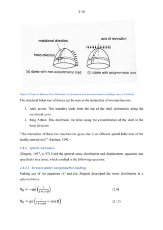 2-10
Figure 2-9 State of Internal force field under axisymmetric and non-axisymmetric loading( Source: Farshad)
The structural behaviour of domes can be seen as the interaction of two mechanisms.
1. Arch action: This transfers loads from the top of the shell downwards along the
meridonal curve
2. Ring Action: This distributes the force along the circumference of the shell in the
hoop direction.
“The interaction of these two mechanisms gives rise to an efficient spatial behaviour of the
doubly curved shell.” (Farshad, 1992)
2.4.1 Spherical domes
(Zingoni, 1997, p. 97) Used the general stress distribution and displacement equations and
specified it to a dome, which resulted in the following equations:
2.4.1.1 Stresses under axisymmetric loading
Making use of the equations (x) and (x), Zingoni developed the stress distribution in a
spherical dome.
( ) (2.9)
( ) (2.10)
 