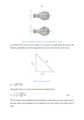 3-2
Figure 3-1 Computation of surface area by segmentation (Source: Stewart)
An element of the curve can be isolated, if we assume its length equals ds, then by the
following relationship seen in the image below, ds may be written it terms of dx and dy.
Figure 3-2 Arc length element
√
The length of the curve can be found using the arc length formula
∫ √ ( ) (3.3)
The arc length is then multiplied by the circumference at the point giving the surface area of
the band, which when integrated over the domain of the curve leads to the surface area of
shell.
 
