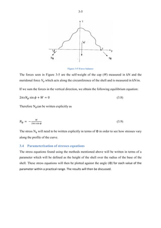 3-5
Figure 3-5 Force balance
The forces seen in Figure 3-5 are the self-weight of the cap (W) measured in kN and the
meridonal force .which acts along the circumference of the shell and is measured in kN/m.
If we sum the forces in the vertical direction, we obtain the following equilibrium equation:
(3.8)
Therefore N can be written explicitly as
3 (3.9) Meridonal stress equilibrium equation
(3.9)
The stress N will need to be written explicitly in terms of Φ in order to see how stresses vary
along the profile of the curve.
3.4 Parameterisation of stresses equations
The stress equations found using the methods mentioned above will be written in terms of a
parameter which will be defined as the height of the shell over the radius of the base of the
shell. These stress equations will then be plotted against the angle (Φ) for each value of the
parameter within a practical range. The results will then be discussed.
 