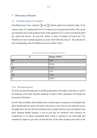7-1
7 Discussion of Results
7.1 Parabolic dome of revolution
Non-Dimensional stress variations and plotted against the meridonal angle, Φ for
various values of λ ranging from 0.5 to 3.0 which covers most practical domes. This covers
most practical cases of the parabolic dome. From equations (4.7), it can be seen that the dome
lies within the interval which, in terms of lambda is .
Therefore the stress resultant equations are only valid within this interval. The intervals for
each corresponding value of lambda can be seen in table 1 below
Table 1 Range of phi values defining parabolic dome
λ Ranges of Φ (°)
0.5 0-45
1 0-63.4
1.5 0-71.6
2 0-76
2.5 0-78.7
3 0-80.5
7.1.1 Meridonal stress
It can be seen that the hoop stress is directly proportional to the radius of the dome as well as
the thickness of the shell, therefore doubling of either of these parameters will double the
hoop stress in the dome.
For all values of lambda, the meridonal stress remains negative (compressive) throughout the
shell. Theoretically the stress at the apex of the dome is zero; however this cannot be seen in
the graph due to the fact that the meridonal stress resultant function cannot be defined at the
point. Keeping lambda constant, it can be seen that the meridonal stress increases (in
compression) in an almost exponential trend, which is expected as the self-weight gets
cumulatively higher as you move toward the base of the dome reaching peak stress at the
 