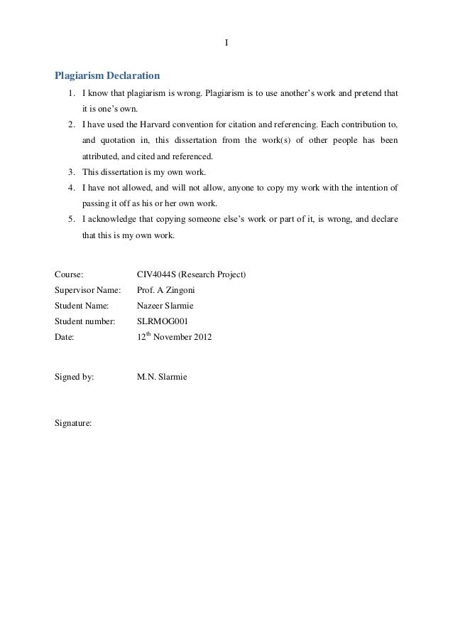 Dissertation plagiarism declaration