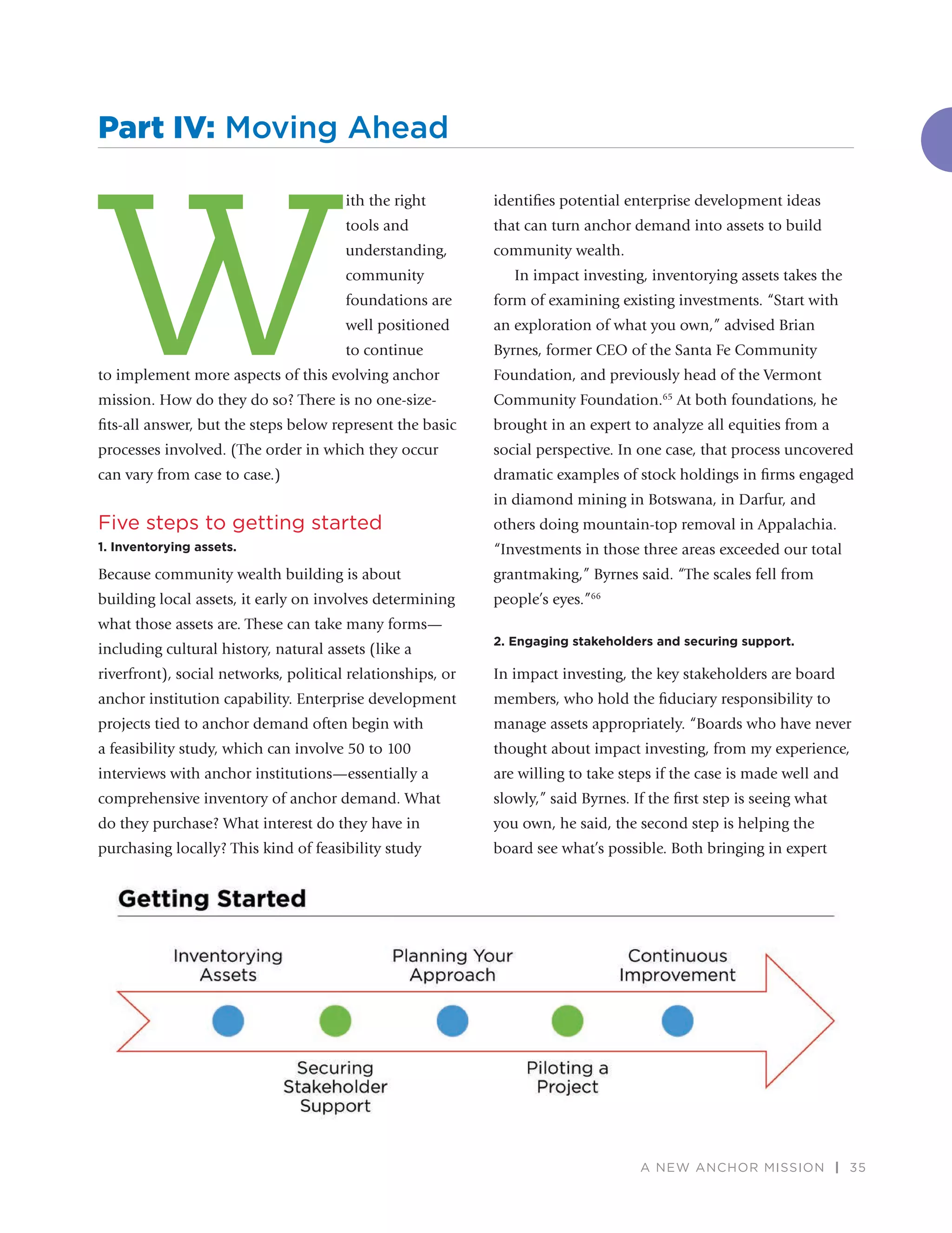 A NEW ANCHOR MISSION | 35
W
ith the right
tools and
understanding,
community
foundations are
well positioned
to continue
to implement more aspects of this evolving anchor
mission. How do they do so? There is no one-size-
ﬁts-all answer, but the steps below represent the basic
processes involved. (The order in which they occur
can vary from case to case.)
Five steps to getting started
1. Inventorying assets.
Because community wealth building is about
building local assets, it early on involves determining
what those assets are. These can take many forms—
including cultural history, natural assets (like a
riverfront), social networks, political relationships, or
anchor institution capability. Enterprise development
projects tied to anchor demand often begin with
a feasibility study, which can involve 50 to 100
interviews with anchor institutions—essentially a
comprehensive inventory of anchor demand. What
do they purchase? What interest do they have in
purchasing locally? This kind of feasibility study
identiﬁes potential enterprise development ideas
that can turn anchor demand into assets to build
community wealth.
In impact investing, inventorying assets takes the
form of examining existing investments. “Start with
an exploration of what you own,” advised Brian
Byrnes, former CEO of the Santa Fe Community
Foundation, and previously head of the Vermont
Community Foundation.65
At both foundations, he
brought in an expert to analyze all equities from a
social perspective. In one case, that process uncovered
dramatic examples of stock holdings in ﬁrms engaged
in diamond mining in Botswana, in Darfur, and
others doing mountain-top removal in Appalachia.
“Investments in those three areas exceeded our total
grantmaking,” Byrnes said. “The scales fell from
people’s eyes.”66
2. Engaging stakeholders and securing support.
In impact investing, the key stakeholders are board
members, who hold the ﬁduciary responsibility to
manage assets appropriately. “Boards who have never
thought about impact investing, from my experience,
are willing to take steps if the case is made well and
slowly,” said Byrnes. If the ﬁrst step is seeing what
you own, he said, the second step is helping the
board see what’s possible. Both bringing in expert
Part IV: Moving Ahead
 