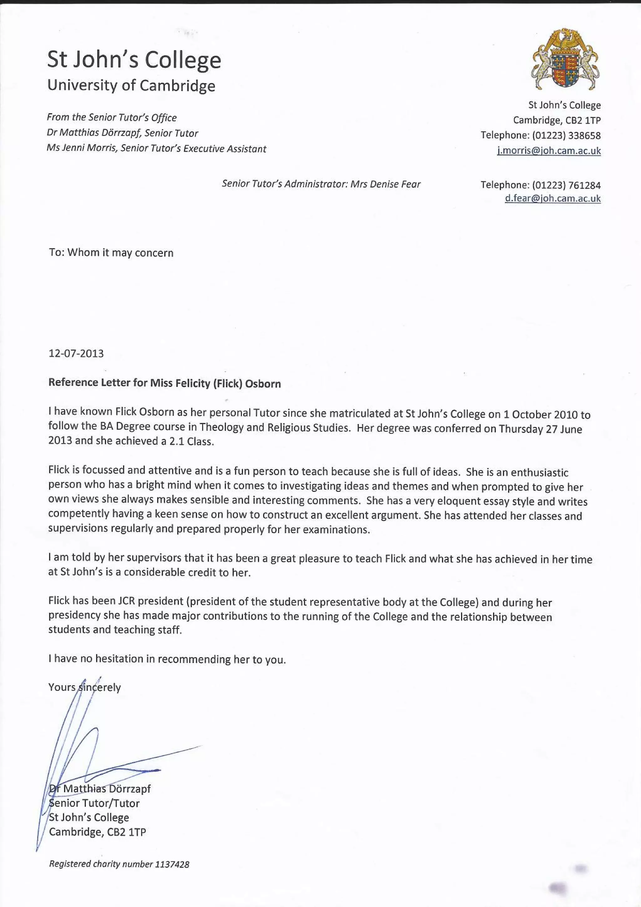 Reference - Senior Tutor