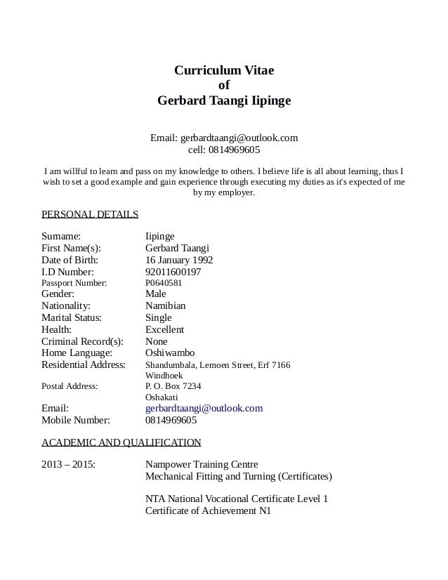Curriculum vitae namibia picture