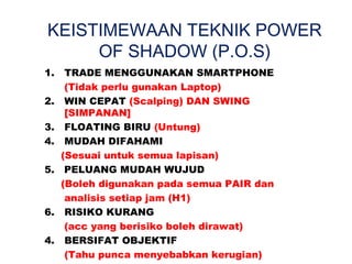KEISTIMEWAAN TEKNIK POWER
OF SHADOW (P.O.S)
1. TRADE MENGGUNAKAN SMARTPHONE
(Tidak perlu gunakan Laptop)
2. WIN CEPAT (Scalping) DAN SWING
[SIMPANAN]
3. FLOATING BIRU (Untung)
4. MUDAH DIFAHAMI
(Sesuai untuk semua lapisan)
5. PELUANG MUDAH WUJUD
(Boleh digunakan pada semua PAIR dan
analisis setiap jam (H1)
6. RISIKO KURANG
(acc yang berisiko boleh dirawat)
4. BERSIFAT OBJEKTIF
(Tahu punca menyebabkan kerugian)
 