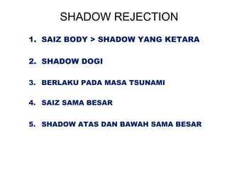 SHADOW REJECTION
1. SAIZ BODY > SHADOW YANG KETARA
2. SHADOW DOGI
3. BERLAKU PADA MASA TSUNAMI
4. SAIZ SAMA BESAR
5. SHADOW ATAS DAN BAWAH SAMA BESAR
 