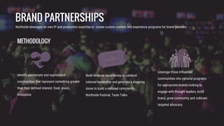 BRAND PARTNERSHIPS
Identify passionate and aspirational
communities that represent something greater
than their defined interest: food, music,
innovation
Build tentpole experiences to catalyze
national leadership and generate a stepping
stone to build a national community:
Northside Festival, Taste Talks
Leverage those influential
communities into national programs
for appropriate brands looking to
engage with thought leaders, build
brand, grow community and cultivate
targeted advocacy
NORTHSIDE
Northside leverages its own IP and production expertise to create custom content and experience programs for brand partners
METHODOLOGY
 