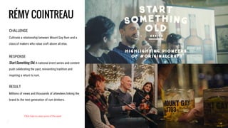 CHALLENGE
Cultivate a relationship between Mount Gay Rum and a
class of makers who value craft above all else.
RESPONSE
Start Something Old. A national event series and content
push celebrating the past, reinventing tradition and
inspiring a return to rum.
RESULT
Millions of views and thousands of attendees linking the
brand to the next generation of rum drinkers.
RÉMY COINTREAU
Click here to view some of the work
 