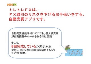 トレトレＦＸは、
ＦＸ取引のリスクを下げるお手伝いをする、
自動売買アプリです。


自動売買機能は付いていても、個人投資家
が自動売買のルールを作るのは困難

そこで、
８割完成しているシステムを
提供し、残り２割をお客様に決めてもらう
アプリを開発。
 