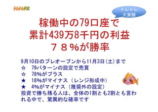 トレトレ
                     大実験

  稼働中の79口座で
 累計439万8千円の利益
   ７８％が勝率
9月10日のプレオープンから11月3日(土)まで
☆　79パターンの設定で売買
☆　78％がプラス
★　18％がマイナス（レンジ形成中）
★　4％がマイナス（推奨外の設定）
投資で勝ち残る人は、全体の1割とも2割とも言わ
れる中で、驚異的な確率です
 