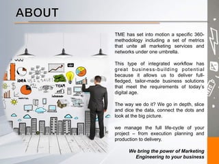 TME has set into motion a specific 360-
methodology including a set of metrics
that unite all marketing services and
networks under one umbrella.
This type of integrated workflow has
great business-building potential
because it allows us to deliver full-
fledged, tailor-made business solutions
that meet the requirements of today’s
digital age.
The way we do it? We go in depth, slice
and dice the data, connect the dots and
look at the big picture.
we manage the full life-cycle of your
project – from execution planning and
production to delivery.
We bring the power of Marketing
Engineering to your business
 