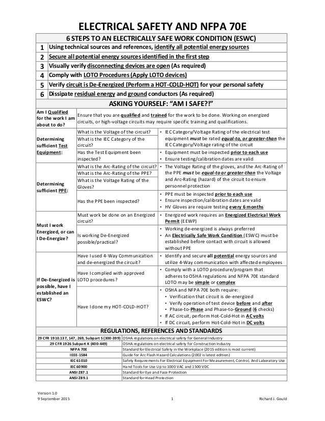 Electrical Safety and NFPA 70E Study Sheet v2.0