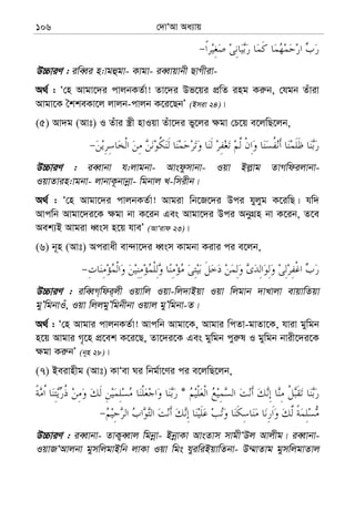 †`vÔAv Aa¨vq106
D”PviY : iweŸi n:vgûgv- Kvgv- ieŸvqvbx QvMxiv-
A_© : Ô†n Avgv‡`i cvjbKZ©v! Zv‡`i Df‡qi cÖwZ ing Ki“b, †hgb Zuviv
Avgv‡K ˆkkeKv‡j jvjb-cvjb K‡i‡QbÕ (Bmiv 24)|
(5) Av`g (Avt) I Zuvi ¯¿x nvIqv Zuv‡`i fy‡ji ¶gv †P‡q e‡jwQ‡jb,
D”PviY : ieŸvbv h:jvgbv- Avsdzmvbv- Iqv Bj−vg ZvMwdijvbv-
IqvZvin:vgbv- jvbvK‚bvbœv- wgbvj L-wmixb|
A_© : Ô†n Avgv‡`i cvjbKZ©v! Avgiv wb‡R‡`i Dci hyjyg K‡iwQ| hw`
Avcwb Avgv‡`i‡K ¶gv bv K‡ib Ges Avgv‡`i Dci AbyMÖn bv K‡ib, Z‡e
Aek¨B Avgiv aŸsm n‡q hveÕ (AvÔivd 23)|
(6) b~n (Avt) Acivax ev›`v‡`i aŸsm Kvgbv Kivi ci e‡jb,
D”PviY : iweŸM&wdi&jx Iqvwj Iqv-wj`vBqv Iqv wjgvb `vLvjv evqvwZqv
gyÕwgbvIu, Iqv wjjgyÕwgbxbv Iqvj gyÕwgbv-Z|
A_© : Ô†n Avgvi cvjbKZ©v! Avcwb Avgv‡K, Avgvi wcZv-gvZv‡K, hviv gywgb
n‡q Avgvi M„‡n cÖ‡ek K‡i‡Q, Zv‡`i‡K Ges gywgb cyi“l I gywgb bvix‡`i‡K
¶gv Ki“bÕ (b~n 28)|
(7) Beivnxg (Avt) KvÔev Ni wbg©v‡Yi ci e‡jwQ‡jb,
*
D”PviY : ieŸvbv- ZvK¡eŸvj wgbœv- BbœvKv AvsZvm mvgxÔDj Avjxg| ieŸvbv-
IqvRÔAvjbv gymwjgvBwb jvKv Iqv wgs hyiwiBqvwZbv- D¤§vZvg gymwjgvZvj
 