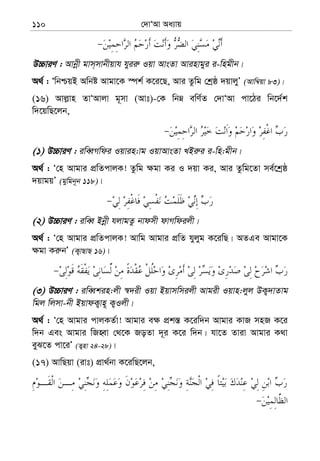†`vÔAv Aa¨vq110
D”PviY : Avbœx gvm&mvbxqvh hyii“ Iqv AvsZv Avinvgyi i-wngxb|
A_© : ÔwbðqB Awbó Avgv‡K ¯úk© K‡i‡Q, Avi Zzwg †kªô `qvjyÕ (Avw¤^qv 83)|
(16) Avj−vn ZvÔAvjv g~mv (Avt)-†K wbæ ewY©Z †`vÔAv cv‡Vi wb‡`©k
w`‡qwQ‡jb,
(1) D”PviY : iweŸMwdi Iqvin:vg IqvAvsZv LBi“i i-wn:gxb|
A_© : Ô†n Avgvi cÖwZcvjK! Zzwg ¶gv Ki I `qv Ki, Avi Zzwg‡Zv me©‡kªô
`qvgqÕ (gywgb~b 118)|
(2) D”PviY : iweŸ Bbœx hjvgZz bvdmx dvMwdijx|
A_© : Ô†n Avgvi cÖwZcvjK! Avwg Avgvi cÖwZ hyjyg K‡iwQ| AZGe Avgv‡K
¶gv Ki“bÕ (K¡vQvQ 16)|
(3) D”PviY : iweŸkin:jx ¯^`ix Iqv Bqvmwmijx Avgix Iqvn:jyj DK¡`vZvg
wgj wjmv-bx BqvdK¡vn~ K¡Ijx|
A_© : Ô†n Avgvi cvjKZ©v! Avgvi e¶ cÖk¯— K‡iw`b Avgvi KvR mnR K‡i
w`b Ges Avgvi wRnŸv †_‡K RoZv `~i K‡i w`b| hv‡Z Zviv Avgvi K_v
eyS‡Z cv‡iÕ (Z¡nv 24-28)|
(17) AvwQqv (ivt) cÖv_©bv K‡iwQ‡jb,
 