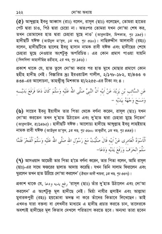 †`vÔAv Aa¨vq122
(5) Avãyj−vn Beby AveŸvm (ivt) e‡jb, ivm~j (Qvt) e‡j‡Qb, †Zvgiv nv‡Zi
†cU Øviv PvI, wcV Øviv †P‡qv bv| AZtci †Zvgiv hLb †`vÔAv †kl Ki,
ZLb †Zvgv‡`i nvZ Øviv †Pnviv gy‡Q bvIÕ (Avey`vE`, wgkKvZ, c„t 195)|
nv`xQwU hCd (AvDbyj gvÔe~`, 1g LÊ, c„t 360)| bvwQi“Ïxb Avjevbx (int)
e‡jb, nv`xQwU‡Z Qv‡jn Beby nvmvb bvgK ivex hCd Ges nv`x‡Qi †k‡l
†Pnviv gy‡Q †bIqvi AskUzKz AcwiwPZ| Gi †Kvb cÖgvY cvIqv hvqwb
(wmjwmjv Avnv`xwQQ Qnxnvn, 2q LÊ, c„t 146)|
cÖKvk _v‡K †h, nvZ Zz‡j †`vÔAv Kivi ci nvZ gy‡L †gvQvi cÖgv‡Y †Kvb
Qnxn nv`xQ †bB| we¯—vwiZ `ªt BiIqvDj Mvjxj, 2/178-182, nv/433 I
434-Gi Av‡jvPbv, ZvnK¡xK¡ wgkKvZ nv/2255-Gi UxKv bs 4|
(6) mv‡qe Beby Bqvhx` Zvi wcZv †_‡K eY©bv K‡ib, ivm~j (Qvt) hLb
†`vÔAv Ki‡Zb ZLb `yÕnvZ DVv‡Zb Ges `yÕnvZ Øviv †Pnviv gy‡Q wb‡ZbÕ
(Avey`vE`, nv/1492)| nv`xQwU hCd| Av‡jvP¨ nv`x‡Q Avãyj−vn Beby jvnBqvn
bvgK ivex hCd (AvDbyj gvÔe~`, 1g LÊ, c„t 360; ZvK¡ixe, 1g LÊ, c„t 444)|
(7) AvmIqv` Av‡gix Zvi wcZv nÕ‡Z eY©bv K‡ib, Zvi wcZv e‡jb, Avwg ivm~j
(Qvt)-Gi mv‡_ dR‡ii QvjvZ Av`vq K‡iwQ| hLb wZwb mvjvg wdiv‡jb Ges
Nyi‡jb ZLb nvZ DwV‡q †`vÔAv Ki‡jbÕ (Be‡b Avex kvqev, 1g LÊ, c„t 337)|
cÖKvk _v‡K †h, Ôivm~j (Qvt) Zuvi `yÕnvZ DVv‡jb Ges †`vÔAv
Ki‡jbÕ G AskUzKz g~j nv`x‡Q †bB| wgquv bvhxi ûmvBb Ges Avj−vgv
gyeviKcyix (int) nq‡Zvev Z`š— bv K‡i Zuv‡`i wKZv‡e wj‡L‡Qb| ZvB
GLbI hviv e³e¨ ev †jLbxi gva¨‡g G nv`xQ cÖPvi Ki‡Z Pvb, Zv‡`i‡K
Aek¨B nv`x‡Qi g~j wKZve †`L‡j cwiZ¨vM Ki‡Z n‡e| Ab¨_v Zviv n‡eb
 