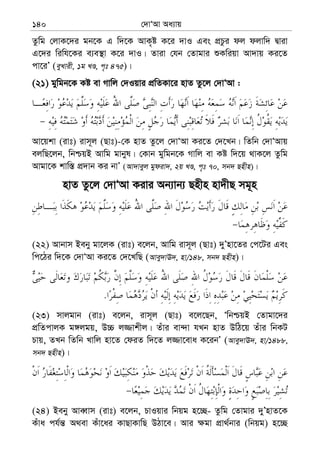 †`vÔAv Aa¨vq140
Zzwg †jvK‡`i gb‡K G w`‡K AvK„ó K‡i `vI Ges cÖPzi dj djvw` Øviv
G‡`i wiwh‡Ki e¨e¯’v K‡i `vI| Zviv †hb †Zvgvi ïKwiqv Av`vq Ki‡Z
cv‡iÕ (eyLvix, 1g LÊ, c„t 475)|
(21) gywgb‡K Kó ev Mvwj †`Iqvi cÖwZKv‡i nvZ Zz‡j †`vÔAv :
Av‡qkv (ivt) ivm~j (Qvt)-†K nvZ Zz‡j †`vÔAv Ki‡Z †`‡Lb| wZwb †`vÔAvq
ejwQ‡jb, wbðqB Avwg gvbyl| †Kvb gywgb‡K Mvwj ev Kó w`‡q _vK‡j Zzwg
Avgv‡K kvw¯— cÖ`vb Ki bvÕ (Av`veyj gydiv`, 2q LÊ, c„t 70, mb` Qnxn)|
nvZ Zz‡j †`vÔAv Kivi Ab¨vb¨ Qnxn nv`xQ mg~n
(22) Avbvm Beby gv‡jK (ivt) e‡jb, Avwg ivm~j (Qvt) `yÕnv‡Zi †c‡Ui Ges
wc‡Vi w`‡K †`vÔAv Ki‡Z †`‡LwQ (Avey`vE`, nv/148, mb` Qnxn)|
.
(23) mvjgvb (ivt) e‡jb, ivm~j (Qvt) e‡j‡Qb, ÔwbðqB †Zvgv‡`i
cÖwZcvjK g½jgq, D”P j¾vkxj| Zuvi ev›`v hLb nvZ DwV‡q Zuvi wbKU
Pvq, ZLb wZwb Lvwj nv‡Z †diZ w`‡Z j¾v‡eva K‡ibÕ (Avey`vE`, nv/1488,
mb` Qnxn)|
(24) Beby AveŸvm (ivt) e‡jb, PvIqvi wbqg n‡”Q- Zzwg †Zvgvi `yÕnvZ‡K
Kuva ch©š— A_ev Kuv‡ai KvQvKvwQ DVv‡e| Avi ¶gv cÖv_©bvi (wbqg) n‡”Q
 