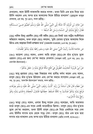 †`vÔAv Aa¨vq142
†`Lv‡jb, d‡j DUwU jvdvjvwd Ki‡Z jvMj| ZLb wZwb GK nvZ w`‡q Zvi
DUwb ai‡jb Ges Aci nvZ AvKv‡ki w`‡K DwV‡q ivL‡jbÕ (gyQvbœvd Avãyi
ivhhvK, 2q LÊ, c„t 247, mb` Qnxn)|
(29) Lvwj` Beby Iqvjx` (ivt) bex Kixg (Qvt)-Gi wbKU Zvi evoxi msKxY©Zvi
Awf‡hvM Ki‡jb, ZLb ivm~j (Qvt) ej‡jb, ÔZzwg †Zvgvi `yÕnvZ AvKv‡ki w`‡K
DVvI Ges Avj−vni wbKU cÖk¯—Zv PvIÕ (gvRgvDh hvIqv‡q`, 10g LÊ, c„t 169)|
(30) Av‡qkv (ivt) e‡jb, GK`v Avwg ivm~j (Qvt)-†K Zuvi `yÕnvZ Zz‡j
IQgvb (ivt)-Gi Rb¨ †`vÔAv Ki‡Z †`Ljvg (dvrûj evix, 11k LÊ, 142 c„t;
ivdÔDj Bqv`v‡qb)|
(31) Avey ûivqiv (ivt) g°v weR‡qi j¤^v nv`xQ eY©bv K‡ib Ges e‡jb,
ivm~j (Qvt) Zuvi `yÕnvZ DVv‡jb Ges †`vÔAv Ki‡Z jvM‡jb (dvrûj evix, 11
LÊ, c„t 142, ÔivdÔDj Bqv`v‡qbÕ Aa¨vq, mb` Qnxn)|
(32) AvZ¡v (ivt) e‡jb, Imvgv Beby hv‡q` (ivt) e‡j‡Qb, Avwg Avivdvi
gv‡V ivm~j (Qvt)-Gi mv‡_ GKB Av‡ivnx‡Z wQjvg| ivm~j (Qvt) Zuvi `yÕnvZ
Zz‡j †`vÔAv Ki‡jb, ZLb DUbx ivm~j (Qvt)-†K wb‡q GKw`‡K m‡i †Mj
Ges DUbxi jvMvg nvZ †_‡K c‡o †Mj| ivm~j (Qvt) Zuvi GK nvZ Øviv
jvMvg a‡i _vK‡jb Ges Aci nvZ DwV‡q ivL‡jb (Qnxn bvmvC, nv/3011)|
 