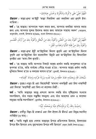 †`vÔAv Aa¨vq 55
D”PviY : Avj−v-û¤§v AvÔBbœx ÔAvj−v whK&wiKv Iqv ïK&wiKv Iqv ûm&wb Bev-
`vwZKv|
A_© : Ô†n Avj−vn! Avcbv‡K ¯§iY Kivi Rb¨, Avcbvi ïKwiqv Av`vq Kivi
Rb¨ Ges Avcbvi my›`i Bev`Z Kivi Rb¨ Avgv‡K mvnvh¨ Ki“bÕ (Avn&gv`,
Avey`vD`, bvmvC, wgkKvZ nv/949, evsjv wgkKvZ nv888)|
D”PviY : Avj−v-û¤§v Bbœx AvÔEhyweKv wgbvj Rye&wb Iqv AvÔEhyweKv wgbvj
eyL&wj Iqv AvÔEhyweKv wgb Avihvwjj ÔDgywi Iqv AvÔEhyweKv wgs wdrbvwZ`
`ybBqv Iqv ÔAvhv-wej K¡ve&wi|
A_© : Ô†n Avj−vn Avwg Avcbvi wbK‡U Avkªq cÖv_©bv KiwQ Kvcyi“lZv nÕ‡Z
K…cYZv nÕ‡Z, AwZ eva©‡K¨ †cuŠ‡Q hvIqv nÕ‡Z| Avcbvi Avkªq cÖ_©bv KiwQ
`ywbqvi wdrbv nÕ‡Z I Ke‡ii Avhve nÕ‡ZÕ (eyLvix, wgkKvZ nv/964)|
D”PviY : mye&n:v-bvjœv-wn Iqv wenvg&w`nx ÔAv`v`v LvjwK¡nx Iqv wihv bvd&wmnx
Iqv whbvZv ÔAvi&wknx Iqv wg`v-`v Kv‡jgv-wZnx|
A_© : ÔAvwg Avj−vn&i gnË¡ cÖksmv Ávcb KiwQ Zuvi m„wóKz‡ji msL¨vi
mgcwigvY, Zuvi mËvi mš—zwói mgZzj¨ Ges Zuvi Avi‡ki Ihb I Kv‡jgv
mg~‡ni e¨vwß mgcwigvYÕ (gymwjg, wgkKvZ nv/2301)|
D”PviY : ivhxZz wej−v-wn iveŸvIu Iqv wej Bm&jv-wg ØxbvIu Iqv wegyn:v¤§vvw`b&
bvweBqv (3 evi)|
A_© : ÔAvwg mš—zó n‡q †Mjvg Avj−vn&i Dc‡i cÖwZcvjK wnmv‡e, Bmjv‡gi
Dc‡i Øxb wnmv‡e Ges gynv¤§v‡`i Dc‡i bex wnmv‡eÕ (Avn&gv`, wZiwghx, wgkKvZ nv/2399)|
 