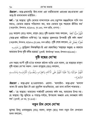 †`vÔAv Aa¨vq70
D”PviY : Avj−-û¤§vm&wK¡ ÔBev-`vKv Iqv evnxgvZvKv Iqvsïi in:gvZvKv Iqv
Avn&:wq evjv`vKvj gvBwqZ|
A_© : Ô†n Avj−vn! Zzwg †Zvgvi ev›`vMY‡K Ges PZz®ú` Rš‘¸wj‡K cvwb cvb
KivI, †Zvgvi ingZ cwiPvjbv Ki, Avi †Zvgvi g„Z kni‡K RxweZ KiÕ
(Avey`vE`, wgkKvZ, nv/1506, c„t 132, mb` Qnxn, nvmvb)|
(3) Av‡qkv (ivt) e‡jb, ivm~j (Qvt) e„wó nIqvi mgq ej‡Zb,
(Avj−-û¤§v ¯^Bwqevb bvwdÔAv) Ô†n Avj−vn! gyljav‡i DcKvix e„wó el©Y Ki“bÕ
(Avey`vE`, wgkKvZ, nv/1500,c„t 133, mb` Qnxn)| e„wó †k‡l ej‡Zb,
(gywZ¡ibv wedvh¦wjj−v-wn Iqv ingvwZn) ÔAvj−vn&i AbyMÖn I ing‡Z
Avgv‡`i Dci e„wó ewl©Z n‡q‡QÕ (eyLvix, ÔBmwZmK¡vÕ Aa¨vq, wgkKvZ nv/1038)|
e„wó e‡Üi †`vÔAv
GK mßvn e¨vcx e„wó nÕ‡Z _vK‡j R‰bK e¨w³ G‡m e‡jb, †n Avj−vni ivm~j!
e„wó e‡Üi †`vÔAv Ki“b| ZLb ivm~j−vn (Qvt) ej‡jb,
D”PviY : Avj−-û¤§v n:vIqvjvqbv- Iqvjv- ÔAvjvBbv- Avj−-û¤§v ÔAvjvj
AvKv-wg Iqvh¦ wh¦iv-we Iqv eyZ‚wbj AvIw`qv‡Z, Iqv gvbv-evwZk& kvRvivn|
A_© : Ô†n Avj−vn! Avgv‡`i cvk¦©eZx© GjvKvq el©Y Ki, Avgv‡`i Dci bq|
†n Avj−vn! DPz f~wg‡Z I cvnvo-ce©‡Z, DcZ¨Kv AÂ‡j Ges ebvÂ‡j el©Y
KiÕ (eyLvix, 1g LÊ, c„t 183)|
bZzb Puv` †`‡L †`vÔAv
Z¡vjnv Beby Ievq`yj−vn (ivt) e‡jb, ivm~j (Qvt) hLb bZzb Puv` †`L‡Zb
ZLb ej‡Zb,
 