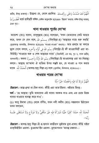 †`vÔAv Aa¨vq72
Qnxn, Beby nvRvi)| D‡j−L¨ †h, †`‡k cÖPwjZ
g‡g© nv`xQwU hCd (hCd Avey`vD` nv/2358 ÔwQqvgÕ Aa¨vq; hCd Beby gvRvn,
135 c„t)|
Lvbv LvIqvi c~‡e©i †`vÔAv
Av‡qkv (ivt) e‡jb, ivm~jyj−vn (Qvt) e‡j‡Qb, ÔhLb †Zvgv‡`i †KD Avnvi
K‡i, ZLb †m †hb e‡j, (wem&wgj−v-n) ÔAvj−vni bv‡g ïi“ KiwQÕ
(gyËvdvK¡ AvjvBn, wgkKvZ nv/4159 ÔLvIqv-`vIqvÕ Aa¨vq)| Avi cÖ_‡g Zv ej‡Z
fy‡j †M‡j ej‡e, (wem&wj−v-wn dx AvIqvwjnx Iqv Av-
wLwiwn) ÔLvIqvi ïi“ I †kl Avj−vni bv‡gÕ (wZiwghx, 2q LÊ, c„t 7, mb` Qnxn,
Avjevbx)| A_ev (wem&wgj−v-wn AvIqvjvû Iqv Av-wLivû)
ej‡e| Avj−vn ZvÔAvjv H e¨w³i Dci mš‘ó nb, †h LvIqv I cvb Kivi
gv‡S (Avjn:vg&`y wjj−v-n) e‡j (gymwjg, wgkKvZ, nv/4200)|
LvIqvi c‡ii †`vÔAv
D”PviY : Avj−-û¤§v ev-wiK jvbv- dxwn Iqv AvZÔBgbv- LBivg wgb&n&|
A_© : Ô†n Avj−vn! Zzwg Avgv‡`i GB Lv‡`¨ eiKZ `vI Ges Gi †P‡q DËg
Lvevi LvIqvi e¨e¯’v K‡i `vIÕ|
(1) Avey Dgvgv (ivt) †_‡K ewY©Z, hLb bex Kixg (Qvt) `¯—iLvb EVv‡Zb
ZLb ej‡Zb,
D”PviY : Avjn:vg&`y wjj−v-wn n:vg&`vb KvQxivb Z¡Bevg gyev-ivKvs dxwn MBiv
gvK&wdBwqb Iqvjv- gyIqvÏvÔBb Iqvjv- gym&ZvMbvb ÔAvbû ieŸvbv-|
 
