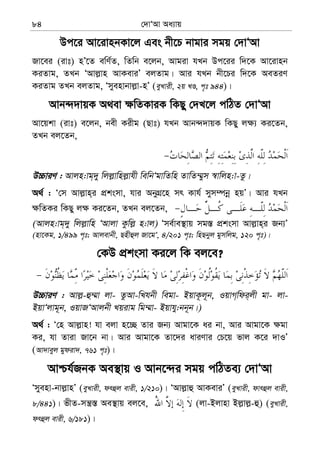 †`vÔAv Aa¨vq84
Dc‡i Av‡ivnbKv‡j Ges bx‡P bvgvi mgq †`vÔAv
Rv‡ei (ivt) nÕ‡Z ewY©Z, wZwb e‡jb, Avgiv hLb Dc‡ii w`‡K Av‡ivnb
KiZvg, ZLb ÔAvj−vn AvKeviÕ ejZvg| Avi hLb bx‡Pi w`‡K AeZiY
KiZvg ZLb ejZvg, Ômyenvbvj−v-nÕ (eyLvix, 2q LÊ, c„t 944)|
Avb›``vqK A_ev ¶wZKviK wKQy †`L‡j cwVZ †`vÔAv
Av‡qkv (ivt) e‡jb, bex Kixg (Qvt) hLb Avb›``vqK wKQy j¶¨ Ki‡Zb,
ZLb ej‡Zb,
D”PviY : Avjn:vg&`y wjj−vwnj−vhx wewbÔgvwZwn ZvwZ¤§ym ¯^vwjn:v-Zz|
A_© : Ô†m Avj−vn&i cÖksmv, hvi AbyMÖ‡n mr Kvh© mym¤úbœ nqÕ| Avi hLb
¶wZKi wKQy j¶ Ki‡Zb, ZLb ej‡Zb,
(Avjn:vg&`y wjj−vwn ÔAvjv Kzwj− n:vj) Ôme©ve¯’vq mg¯— cÖksmv Avj−vn&i Rb¨Õ
(nv‡Kg, 1/499 c„t; Avjevbx, Qnxûj Rv‡gÔ, 4/201 c„t; wnQbyj gymwjg, 120 c„t)|
†KD cÖksmv Ki‡j wK ej‡e?
D”PviY : Avj−-û¤§v jv- ZzAv-wLhbx wegv- BqvK‚j~b, IqvM&wdi&jx gv- jv-
BqvÔjvg~b, IqvRÔAvjbx Lqivg wg¤§v- Bqvhy:bb~b|)
A_© : Ô†n Avj−vn! hv ejv n‡”Q Zvi Rb¨ Avgv‡K ai bv, Avi Avgv‡K ¶gv
Ki, hv Zviv Rv‡b bv| Avi Avgv‡K Zv‡`i aviYvi †P‡q fvj K‡i `vIÕ
(Av`veyj gydiv`, 761 c„t)|
Avðh©RbK Ae¯’vq I Avb‡›`i mgq cwVZe¨ †`vÔAv
Ômyenv-bvj−vnÕ (eyLvix, drûj evix, 1/210)| ÔAvj−vû AvKeviÕ (eyLvix, dvrûj evix,
8/441)| fxZ-mš¿¯— Ae¯’vq ej‡e, (jv-Bjvnv Bj−vj−-û) (eyLvix,
drûj evix, 6/181)|
 