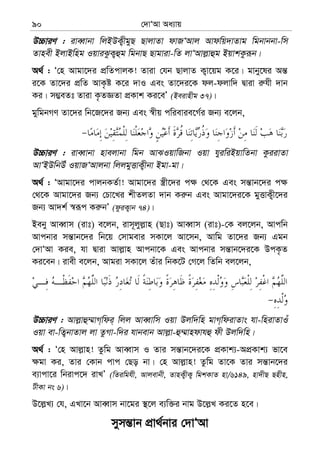 †`vÔAv Aa¨vq90
D”PviY : iveŸvbv wjBDK¡xgyQ QvjvZv dvRÔAvj Avdwq`vZvg wgbvbbv-wm
Zvnex BjvBwng IqviSzK¡ûg wgbvQ Qvgviv-wZ jvÔAvj−vûg BqvkKziƒb|
A_© : Ô†n Avgv‡`i cÖwZcvjK! Zviv †hb QvjvZ K¡v‡qg K‡i| gvby‡li Aš—
i‡K Zv‡`i cÖwZ AvK…ó K‡i `vI Ges Zv‡`i‡K dj-djvw` Øviv i“hx `vb
Ki| m¤¢eZt Zviv K…ZÁZv cÖKvk Ki‡eÕ (Beivnxg 37)|
gywgbMY Zv‡`i wb‡R‡`i Rb¨ Ges ¯^xq cwievie‡M©i Rb¨ e‡jb,
D”PviY : iveŸvbv nvejvbv wgb AvSIqvwRbv Iqv hyiwiBqvwZbv KziivZv
AvÔBDwbDu IqvRÔAvjbv wjjgyËvK¡xbv Bgv-gv|
A_© : ÔAvgv‡`i cvjbKZ©v! Avgv‡`i ¯¿x‡`i c¶ †_‡K Ges mš—vb‡`i c¶
†_‡K Avgv‡`i Rb¨ †Pv‡Li kxZjZv `vb Ki“b Ges Avgv‡`i‡K gyËvK¡x‡`i
Rb¨ Av`k© ¯^iƒc Ki“bÕ (dziK¡vb 74)|
Beby AveŸvm (ivt) e‡jb, ivm~jyj−vn (Qvt) AveŸvm (ivt)-†K ej‡jb, Avcwb
Avcbvi mš—vb‡`i wb‡q †mvgevi mKv‡j Av‡mb, Avwg Zv‡`i Rb¨ Ggb
†`vÔAv Kie, hv Øviv Avj−vn Avcbv‡K Ges Avcbvi mš—vb‡`i‡K DcK…Z
Ki‡eb| ivex e‡jb, Avgiv mKv‡j Zuvi wbK‡U †M‡j wZwb ej‡jb,
D”PviY : Avj−vû¤§vM&wdi& wjj AveŸvwm Iqv Djw`wn gvM&wdivZvs hv-wnivZvIu
Iqv ev-wZ¡bvZvj jv ZzMv-w`i hvbevb Avj−v-û¤§vndvhû dx Djw`wn|
A_© : Ô†n Avj−vn! Zzwg AveŸvm I Zvi mš—vb‡`i‡K cÖKvk¨-AcÖKvk¨ fv‡e
¶gv Ki, Zvi †Kvb cvc †Qo bv| †n Avj−vn! Zzwg Zv‡K Zvi mš—vb‡`i
e¨vcv‡i wbivc‡` ivLÕ (wZiwghx, Avjevbx, ZvnK¡xK¡ wgkKvZ nv/6149, nv`xQ Qnxn,
UxKv bs 6)|
D‡j−L¨ †h, GLv‡b AveŸvm bv‡gi ¯’‡j e¨w³i bvg D‡j−L Ki‡Z n‡e|
mymš—vb cÖv_©bvi †`vÔAv
 