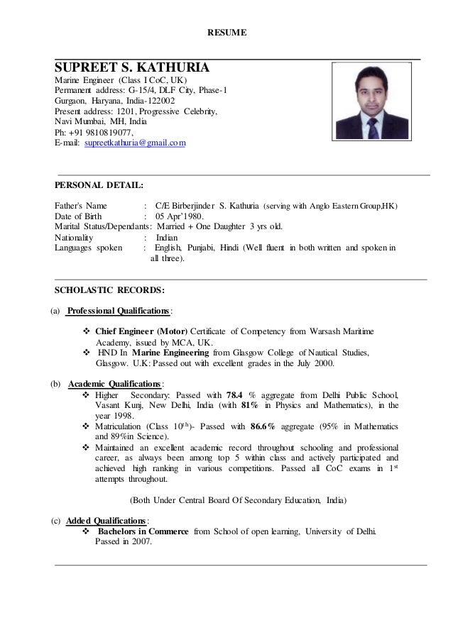 resume for tech suptd marine engineer resumes