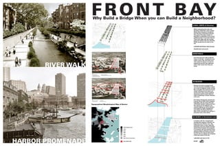 58 ACRES of Reclaimed Land
Topographical Morphological Map of Boston
29 BLOCKS
RIVER WALK
2,000+ UNITS of Housing
In keeping with the morphological
development patterns of Boston, our
proposal is to in fill the “cut”. This
antiquated body of water separates
downtown from the actively develop-
ing Fort Point Channel. Our proposal
is consistent with the historical devel-
opment patterns of Boston where the
shoreline of the city has been evolv-
ing over time to address the changing
needs and values of the city.
Because the land is created by the
city, the economic feasibility to devel-
op a scale of buildings similar to Back
Bay is possible.This network of seven
streets will become the active con-
nective tissue that weaves together
downtown and Fort point Channel -
while maintaining a vibrant character
of its own.
This mile long river walk recalls the
history of the site - revealing its once
watery nature. Not only does it pro-
vide a place for leisure, it is also an
engineered amenity that addresses
storm water issues and rising sea
levels.
While maintaining the scale and
character of Back Bay, much needed
Worker Rate Housing is introduced
into the heart of downtown Boston.
The scale of this fabric (similar to
Back Bay) is preferable to the current
building trends in Fort Point Channel.
These units align with the housing
goals and needs of the city and bring
8,000+ people into the heart of the
city.
5,000,000 SqFt Worker Rate Housing
250,000 SqFt Commercial
575’ Harbor Promenade connects the
existing Harbor Walk while engaging
intimately with the water.This area
will include outdoor seating and over-
flow spaces for the adjacent com-
mercial buildings as well as benches
and stages for public engagement
and activity.The BostonTea Party
Ship will be relocated here, giving it a
prominent site on the harbor.
1,800,000 CubicYards of Fill
60,000
1
4
5
3
2
KEY
1. Proposed Infill
2. Proposed Riverwalk
3. Readjusted Harborwalk
4. Harbor Promenade
5. Relocated BostonTea Party Ship
KEY
1. Fort Point Channel
2. Proposed Infill
3. Downtown
4. Connective Streets
1
2
3
4
FRONT BAYWhy Build a Bridge When you can Build a Neighborhood?
RIVER WALK
HARBOR PROMENADE
1630 Original Land
1852
1916
1795
1880
1950
19th Century Excavation
2016 FRONT BAY
= 12 Blocks
Typical Back Bay Fabric
= 58 Acres
Developable Land
= 1,800,000 CubicYards
Fill
= 60,000
FRONT BAY
1
4
5
2
1
6
7
2
5
3
4
 